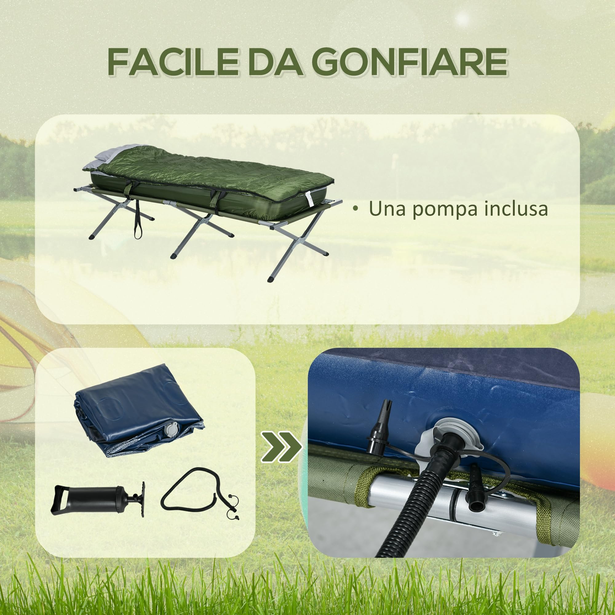 Outsunny Set Brandina da Campeggio con Materasso Gonfiabile, Lettino da Campeggio Pieghevole con Cuscino, Sacco Letto e Pompa, Sacca di Trasporto Inclusa, Verde