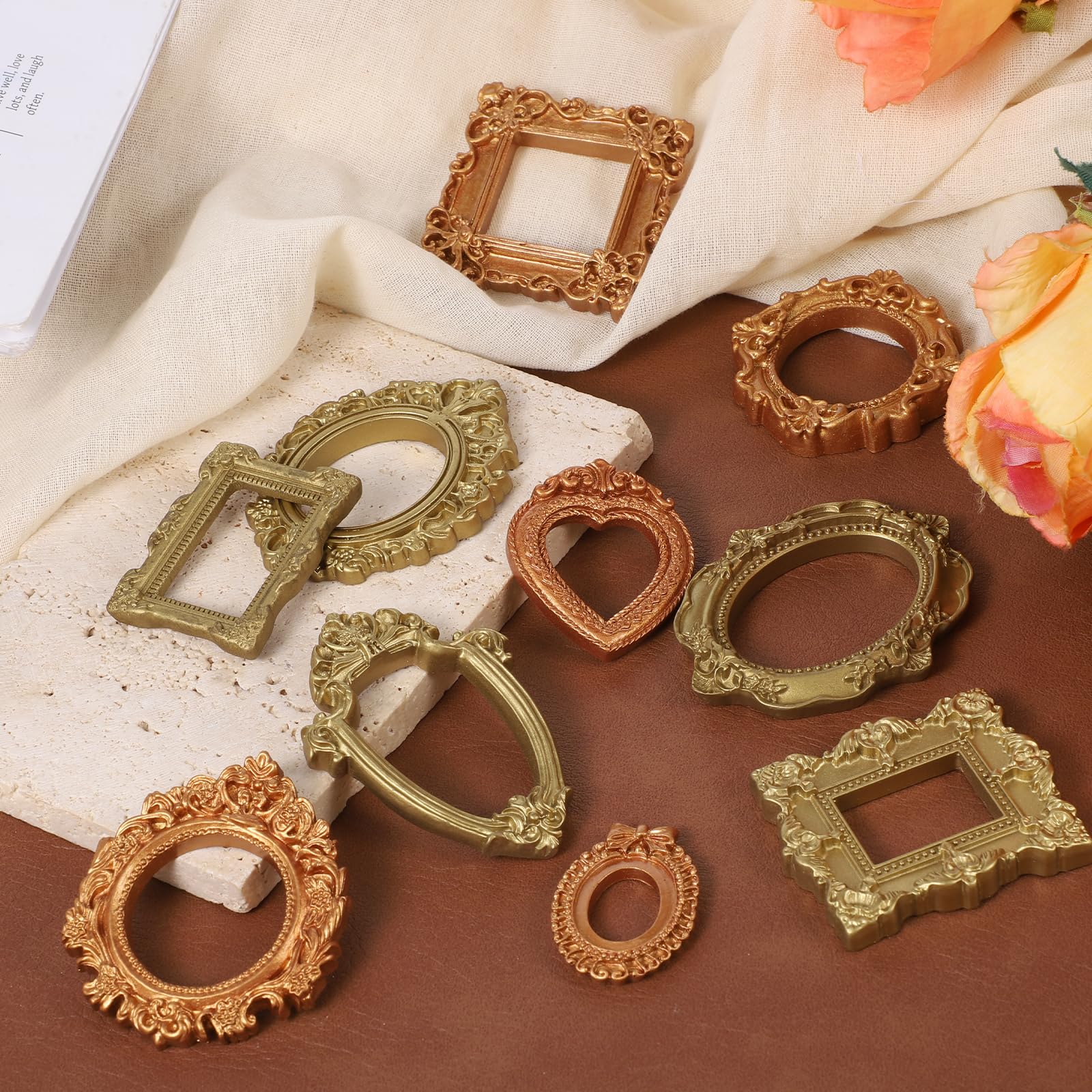 10 sztuk mini ramek na zdjęcia w stylu vintage, z żywicy syntetycznej, małe, antyczne, złote, małe ramki na zdjęcia w stylu barokowym, do obrazów, wytłaczane rekwizyty fotograficzne, dekoracja ścienna