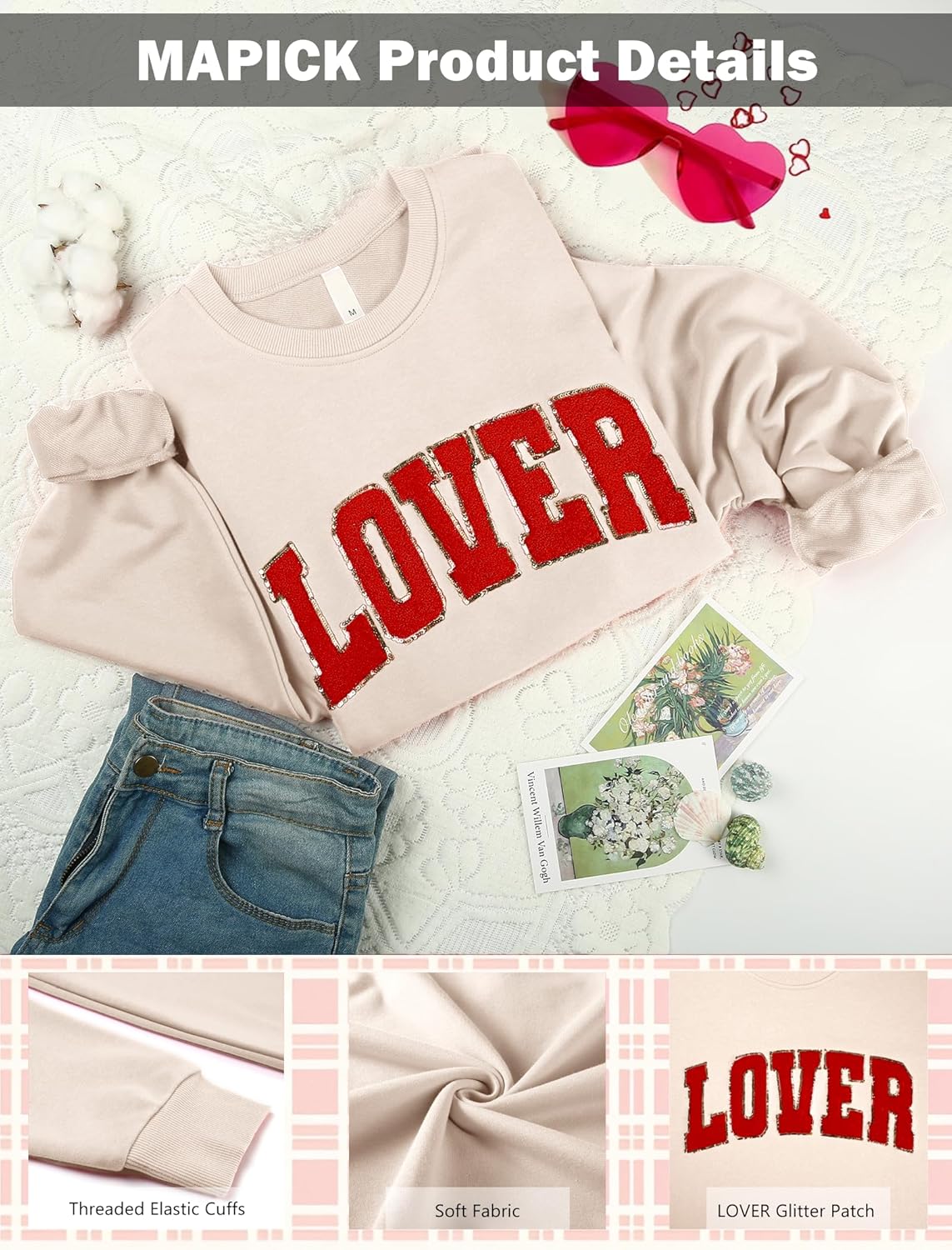 MAPICK Valentine Sweatshirts for Women Funny Letter Printed Chenille Patch Pullover Sweaters Long Sleeve Oversized Tops - Image 5