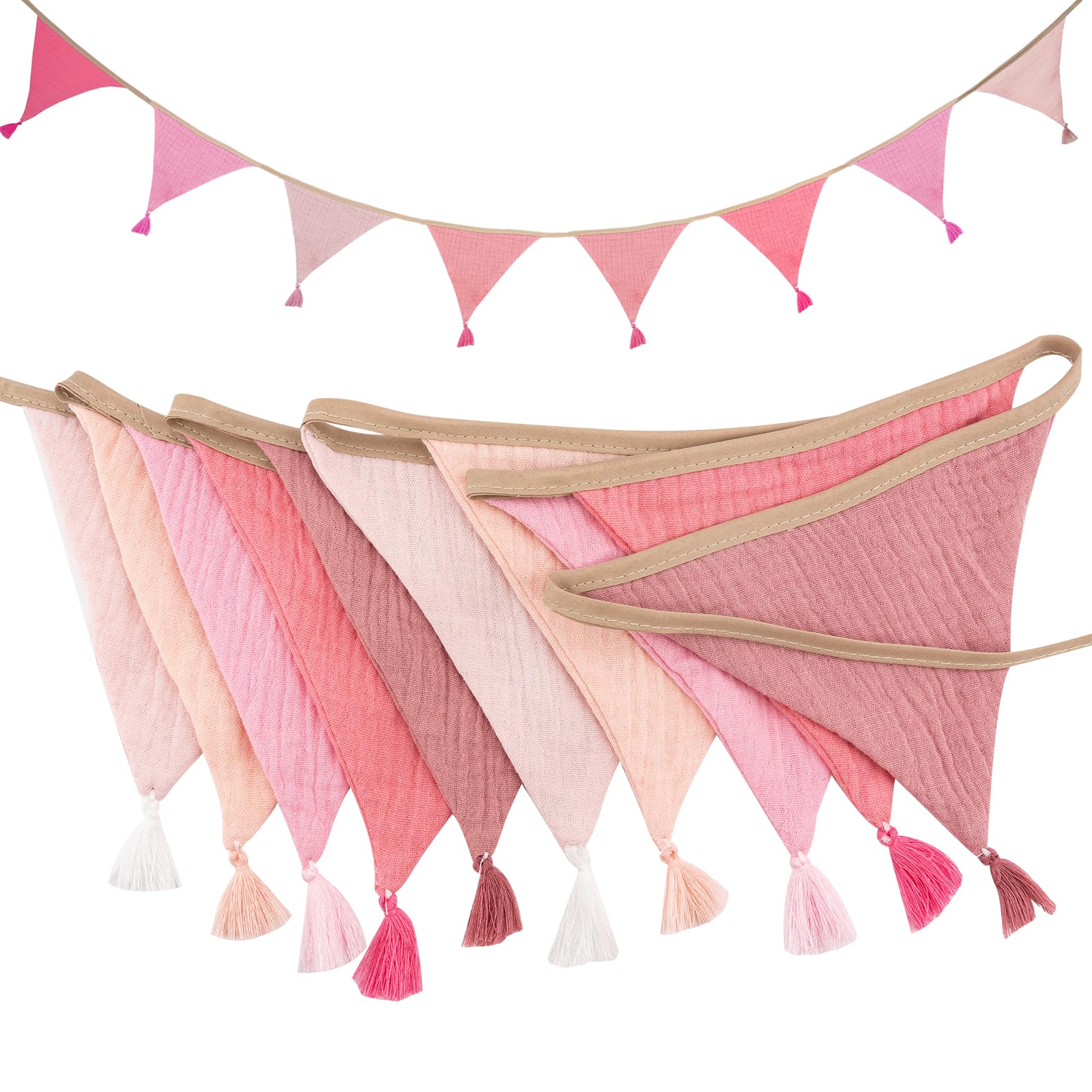 Girlande Wimpelkette Kinderzimmer, 2.6m Musselin Baumwolle Stoff Wimpelkette mit Quasten, Babyzimmer Deko Wimpel, Wetterfest Wimpel Outdoor Kinderzimmer für Mädchen und Junge (A)