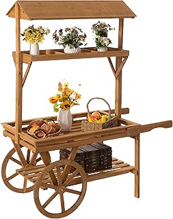 Vintiquewise Wooden 3 Tier Rolling Table Cart With 2 Wheels for Home Decor, Display Rack, Lemonade stand, Food Stand, or Tea Stall