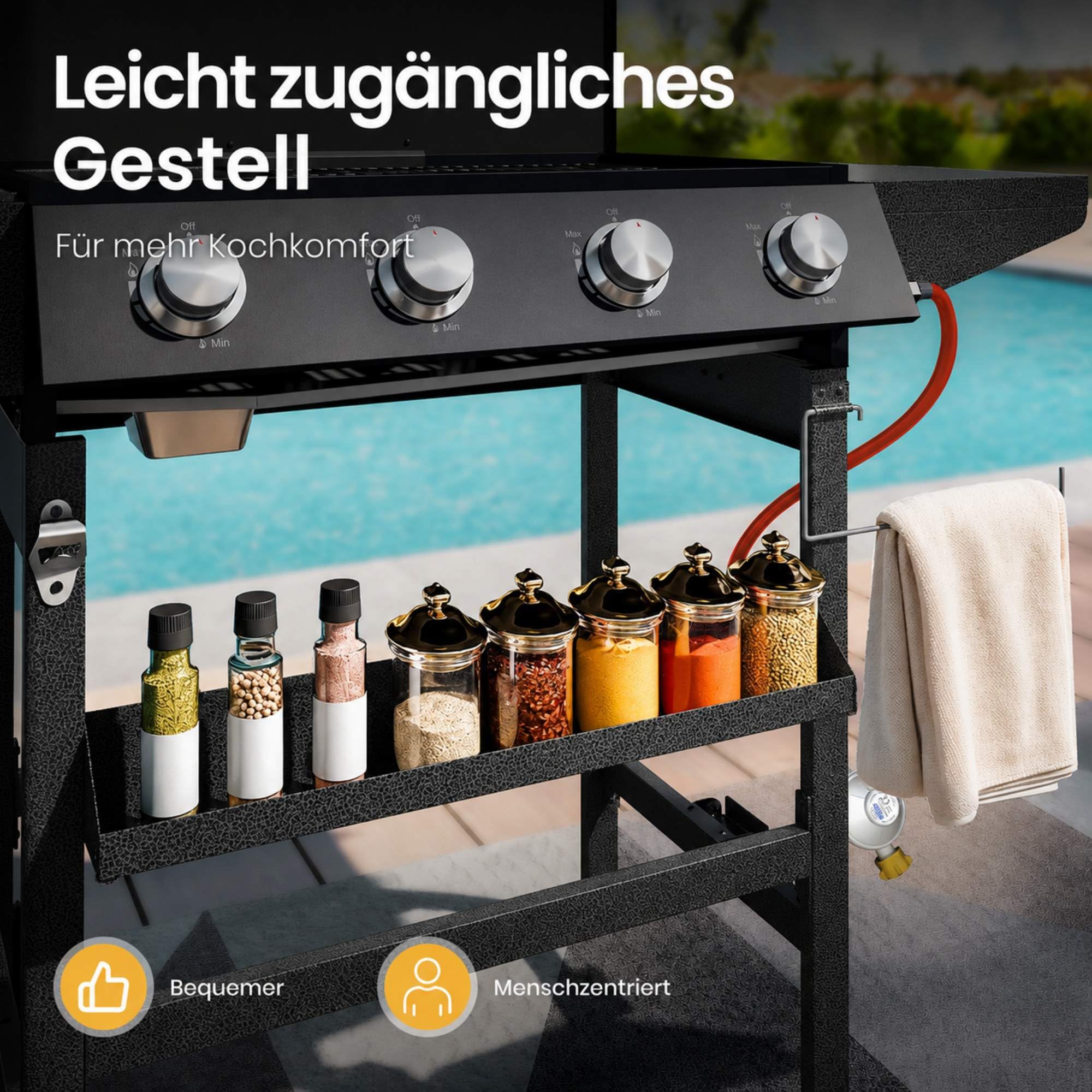 PHI VILLA Gasgrill 4 Brenner mit Plancha Grillplatte, Herausnehmbarer Rundrost Beistelltische, 4 Edelstahlbrenner mit Gasschlauch, 3110 cm² XL BBQ Outdoor Gas Grill für Garten, Terrasse & draußen