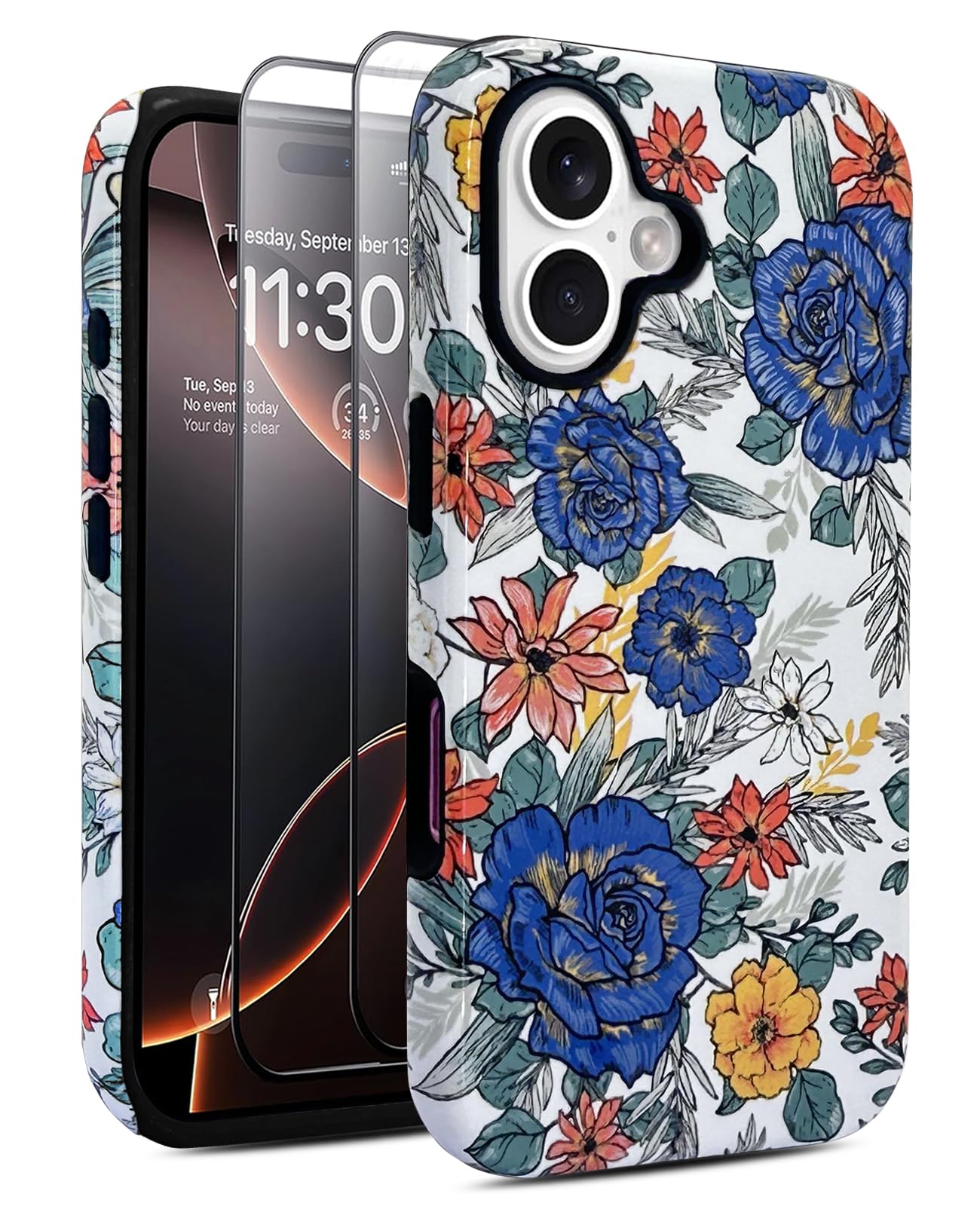 J.west Compatible with iPhone 16 Case 6.1 inch with 2 Pack Tempered Glass Screen Protectors Cute Vintage Floral Flowers Hybrid Cover for Girls Women