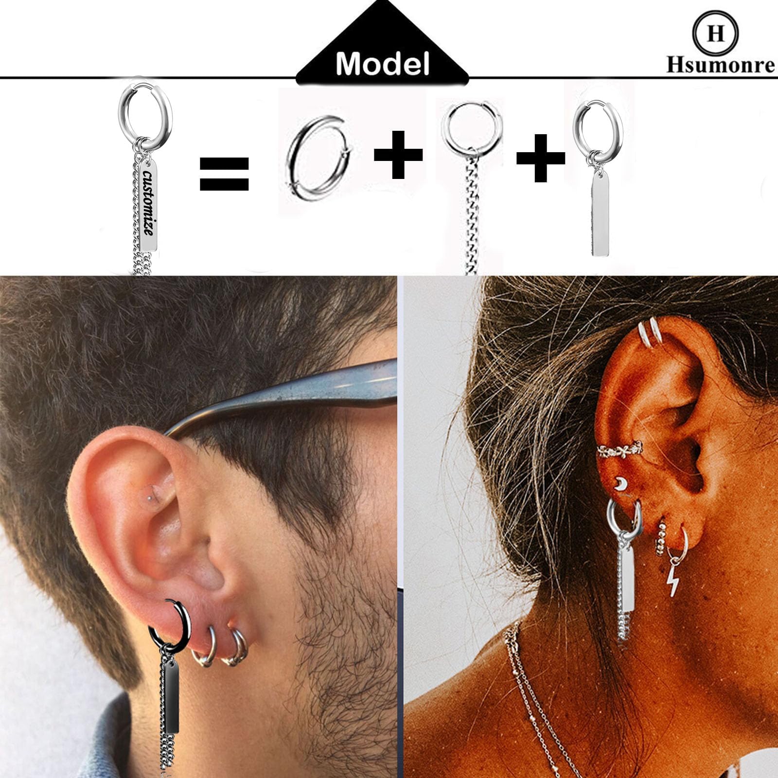 Boucles d’oreilles personnalisables Bar Punk Hoop Unisexe avec plumes Cross Circle Tassels Ear Clips Piercing Earrings Bijoux Acier inoxydable Argent Noir pour Hommes Femmes 12mm Dia