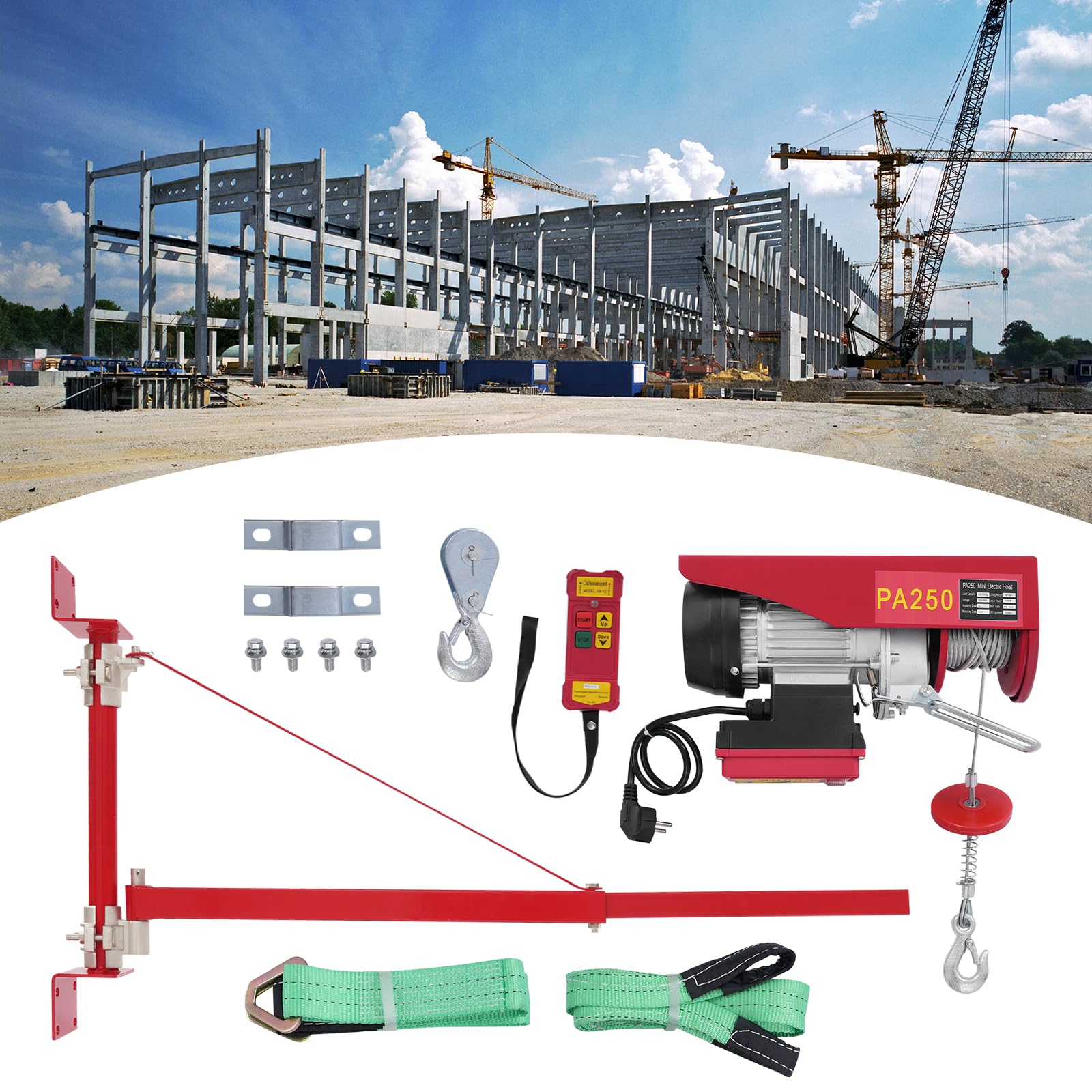 Verricello elettrico 250 kg – 12 m di altezza di sollevamento, cavo elettrico con braccio girevole e telecomando radio 550 W, rivestimento elettrico sicuro per garage cantieri e magazzini (supporto
