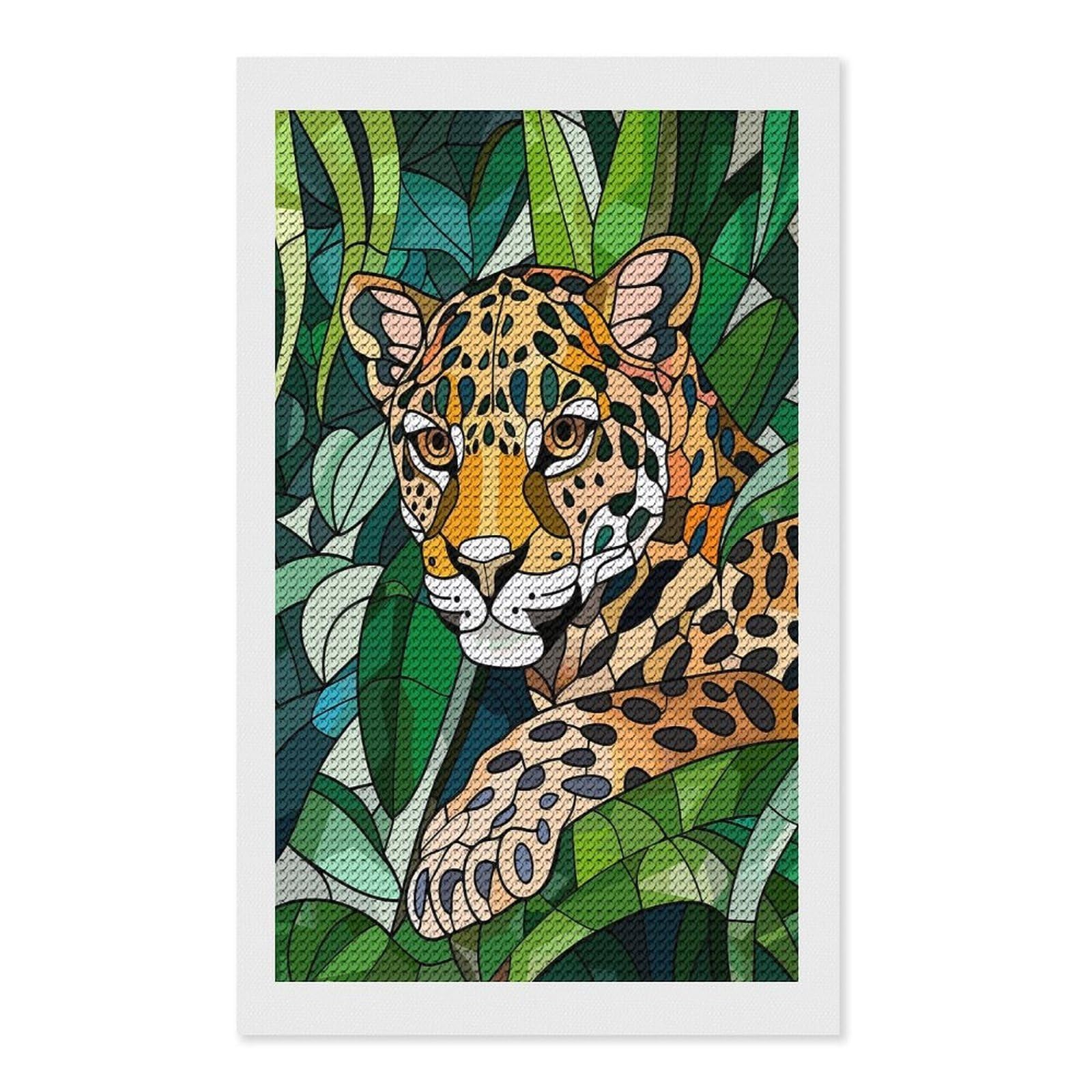 Junmoney Jaguar in Lush Greenery Full Drill Diamond Painting Kit 12"x20", Adhesive Canvas, Aesthetic Room Decor, for Family Craft Time, Birthday Gift