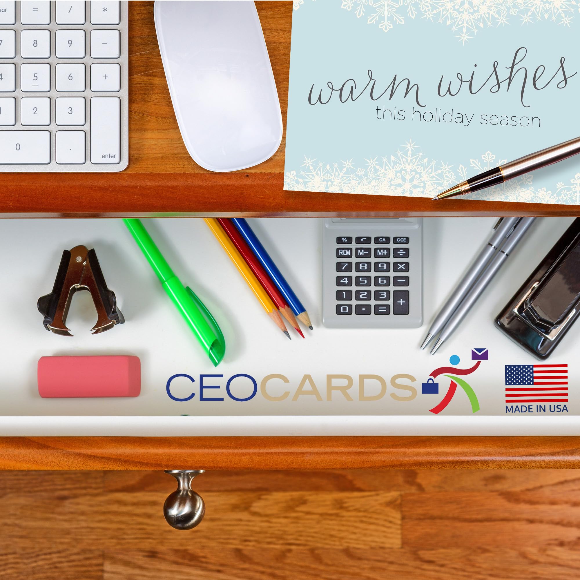 Tarjetas de felicitación navideñas H1507. Tarjeta de felicitación de negocios con diseño de deseos cálidos y copos de nieve. El juego de caja tiene 25 tarjetas de felicitación y 26 sobres blancos con
