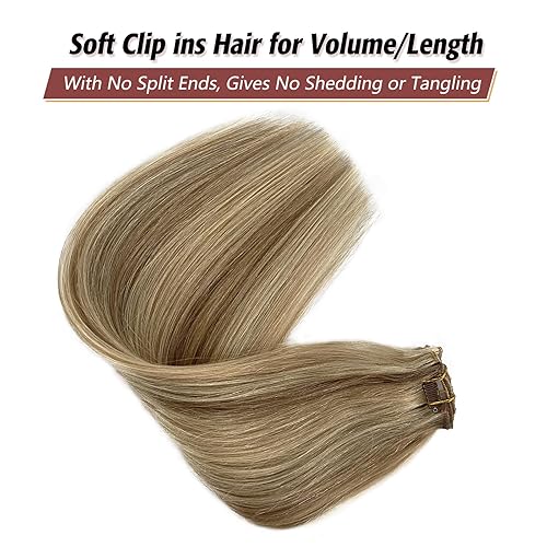 Miniatura 4 de Extensiones de cabello corto de 15 pulgadas con clip, rubio dorado mezclado con rubio claro, extensiones de cabello humano Remy, doble trama, 7