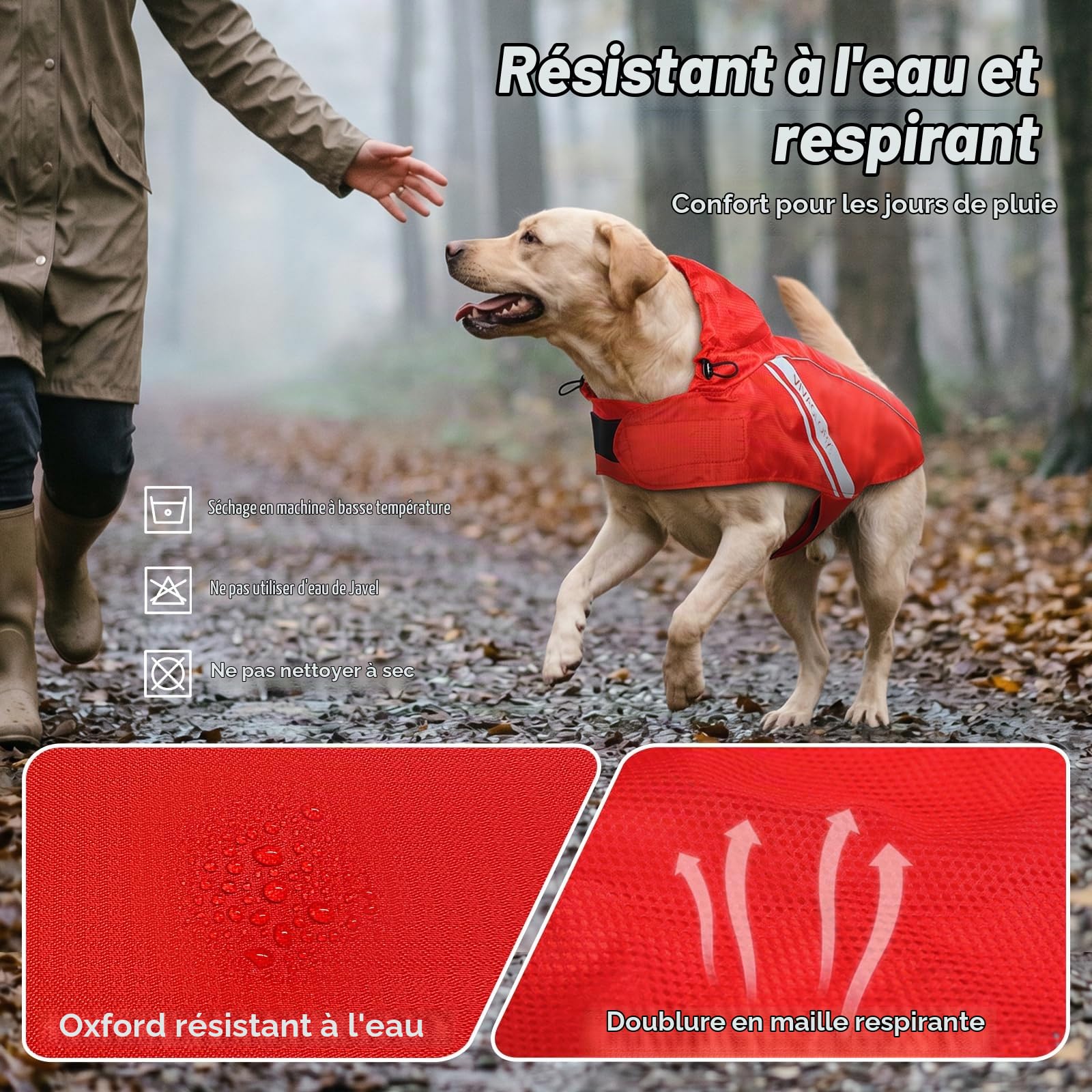 VIVAGLORY Manteau de Pluie pour Chiens Moyens, vêtements de Pluie pour Animaux faciles à Enfiler et à enlever, Gilet de sécurité réfléchissant léger et Respirant pour Chiens, Rouge