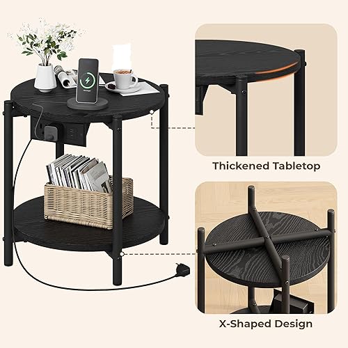 Miniatura 8 de LIKIMIO Mesas auxiliares redondas, mesas auxiliares redondas pequeñas de 16 pulgadas de ancho con estación de carga, mesitas de noche modernas de 2