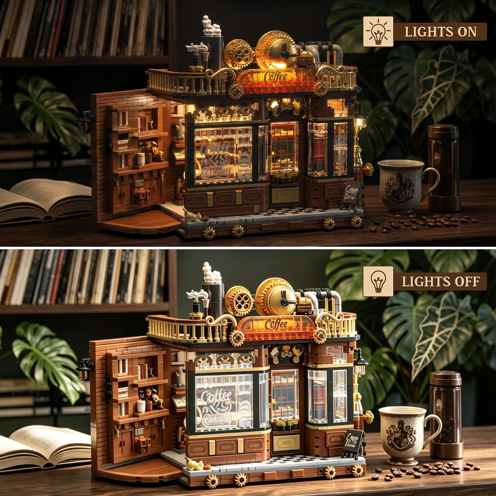 Vziimo Retro Café House Bausatz mit Beleuchtung, 1606 Teile, Deko fürs Wohnzimmer oder Büro, Versteckte Ecken im Café, Geschenk für Erwachsene ab 15 Jahren