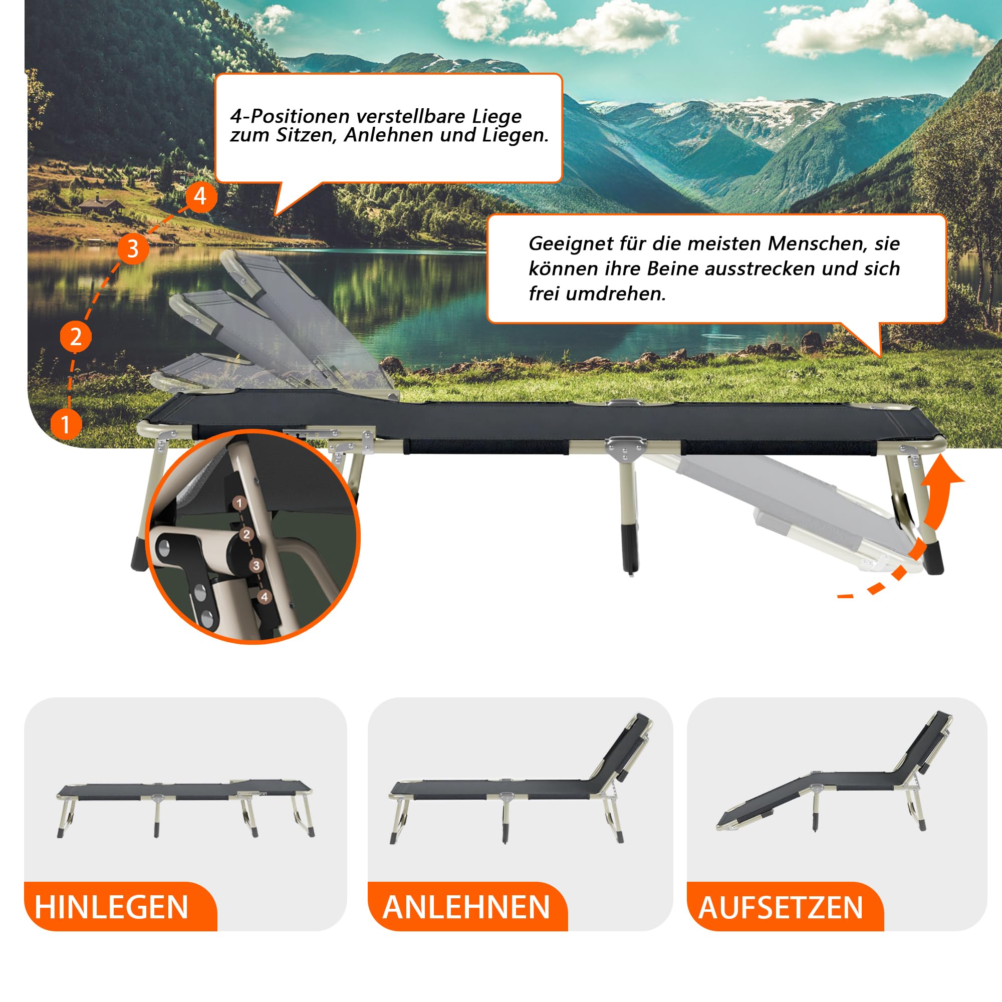 Campingbetten mit 5 Positionen für Erwachsene, Campliege mit Matratze, tragbarer Campingliege für Strand, Rasen, Camping, Pool, Sonnenbaden (Schwarz)