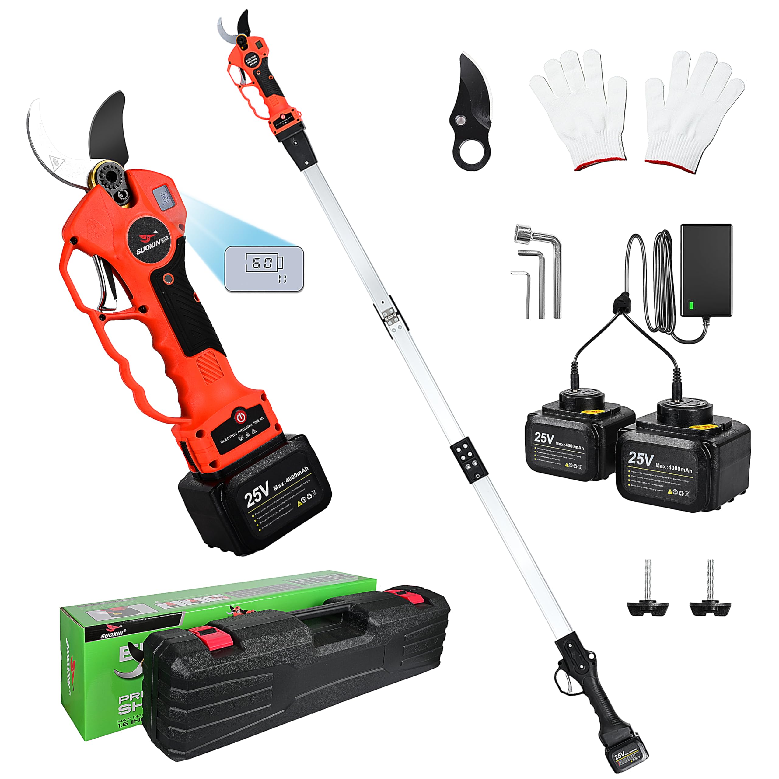 Tijeras de Podar Eléctricas Inalámbricas Suoxin 2 en 1 con Poste Telescópico Plegable de 1.9 m, Hoja SK5, Corte de 1.6", Pantalla LCD, 2 Baterías de 4Ah para Jardín