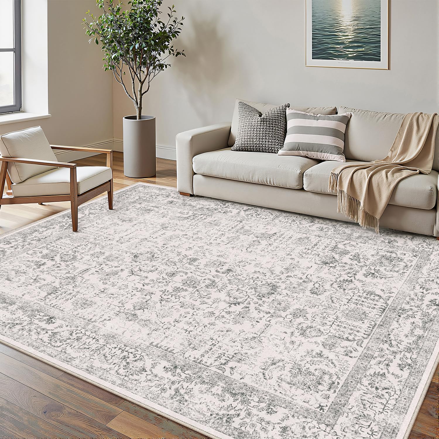 PureCozy Gray Area Rug 5x7 Machine Washable Vintage Living Room Distressed Non Slip Carpet Traditional Indoor Bedroom Grey Retro Floral Accent Throw Large Rug for Office Kitchen Bathroom Dining Room