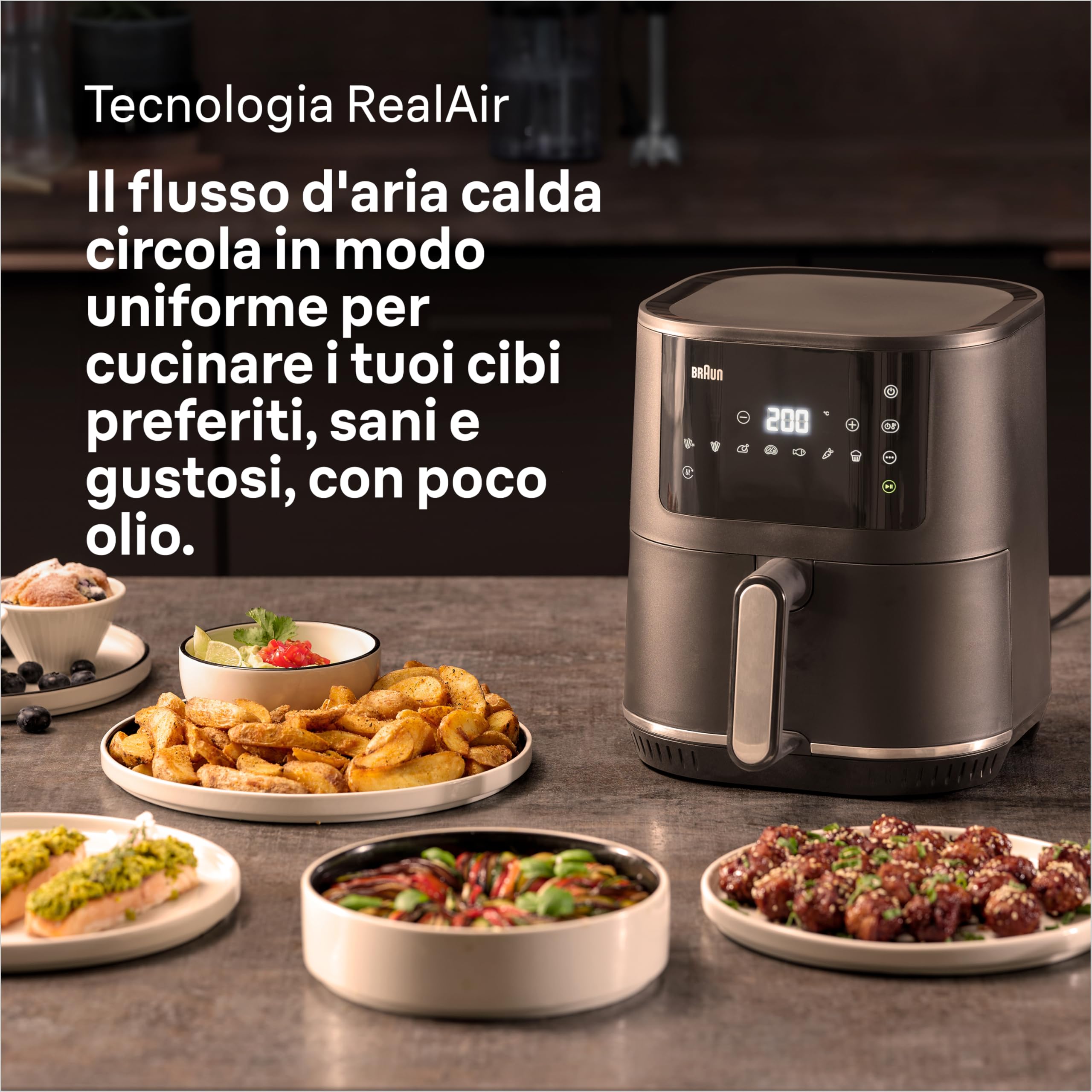 Braun MultiFry 3 HF3030 NUOVA Friggitrice ad Aria, Airfryer da 4.3 L, Forno ad Aria, Controllo Temperatura 80-200°, Tecnologia RealAir, 8 Programmi Preimpostati, Controllo Touch, 1500W, Nero