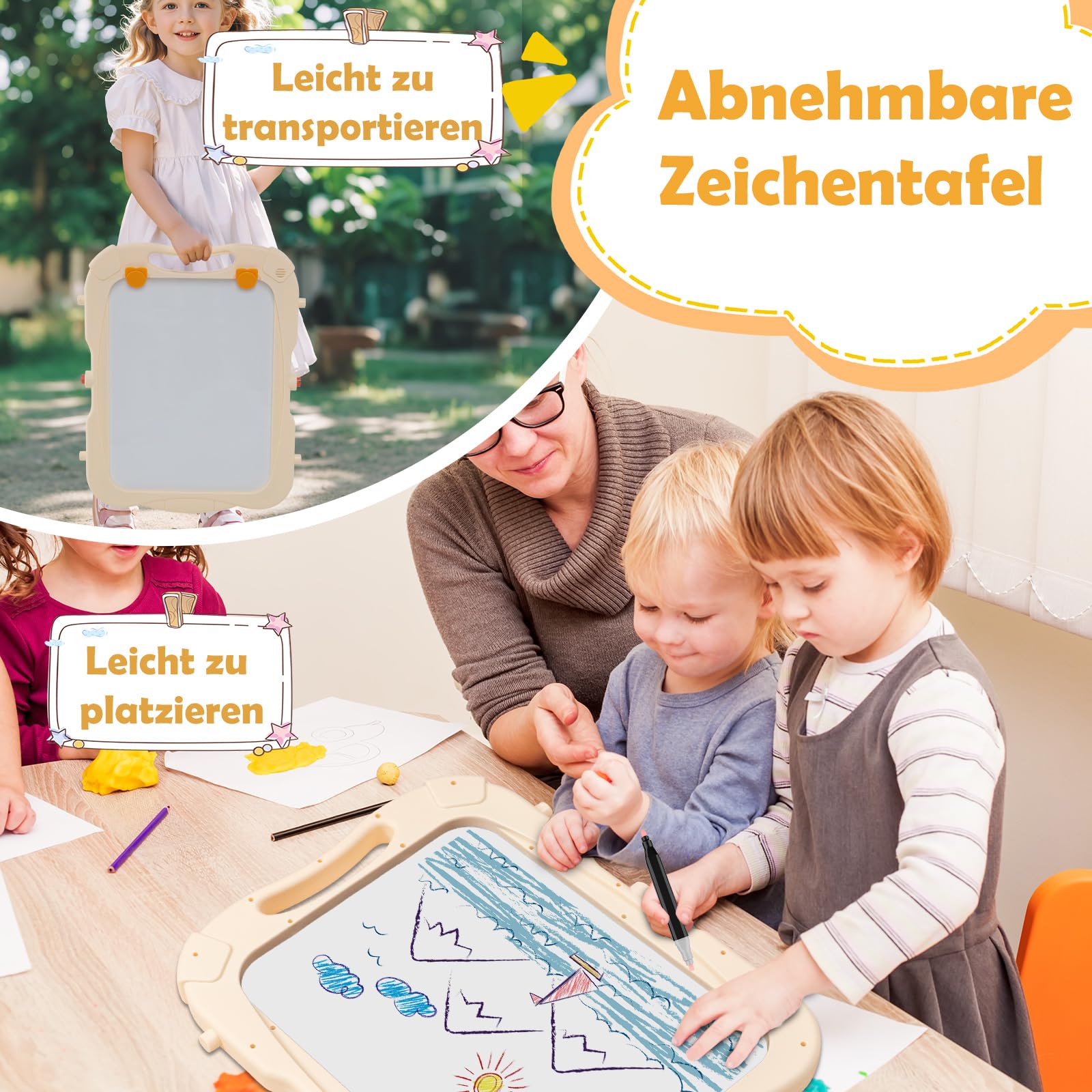 COSTWAY Tafel Kinder, doppelseitige Kindertafel höhenverstellbar mit Whiteboard & Kreidetafel, Standtafel Kinder, Spieltafel Magnettafel ab 2 Jahren (Grün+Orange)
