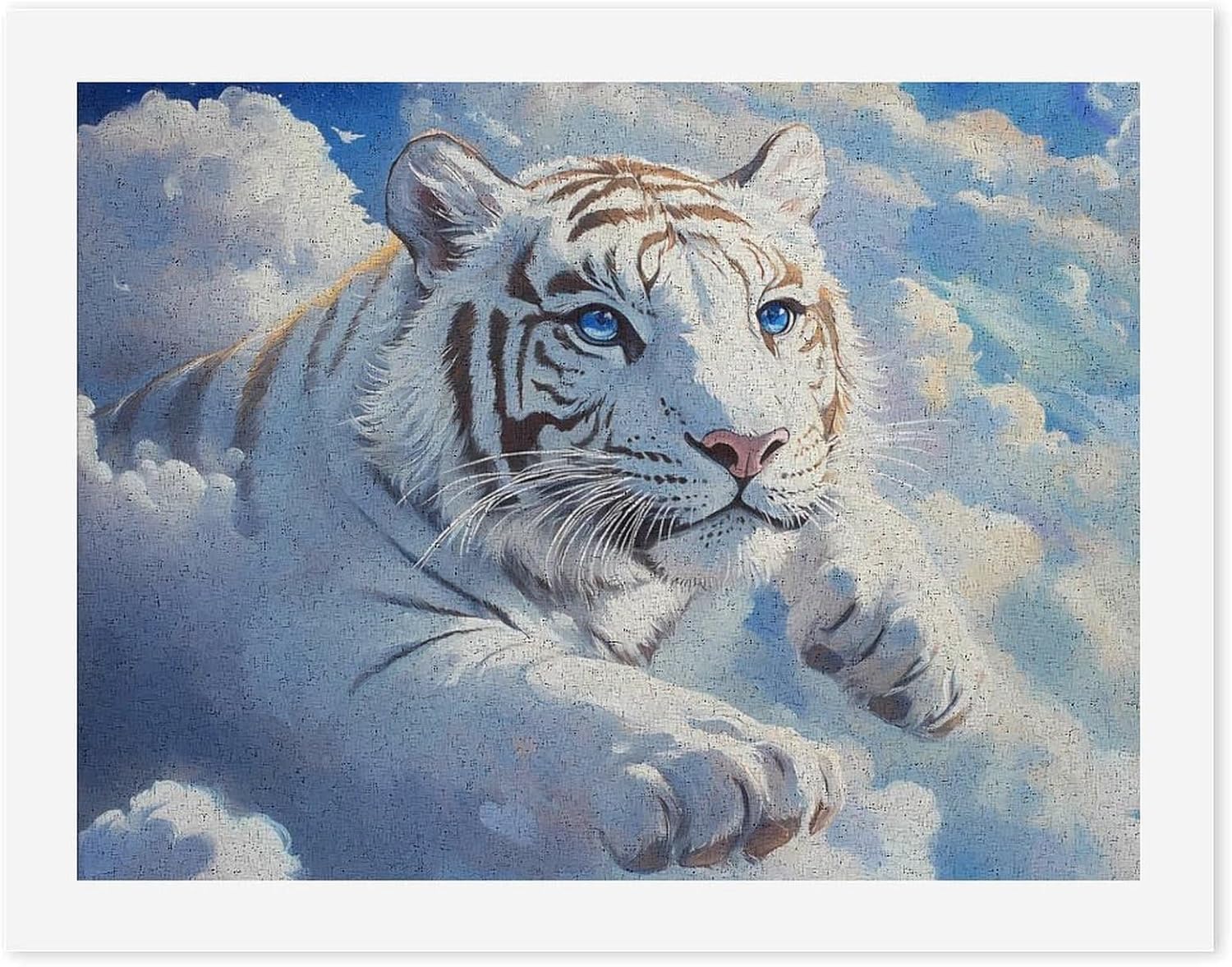 White Tiger Funny Digital Oil Painting Horizontal DIY Printed Artwork by Number Kits Decor Gifts for Adults