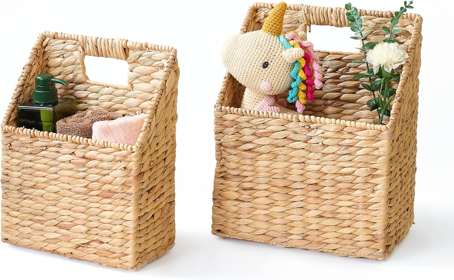 Set of 2 Hanging Storage Basket, Wicker Water Hyacinth Wall Hanging Basket with Handle for Mails, Files, Books, Plants or Accessories, Wall-Mounted Organizer for Bedroom, Kitchen, Office