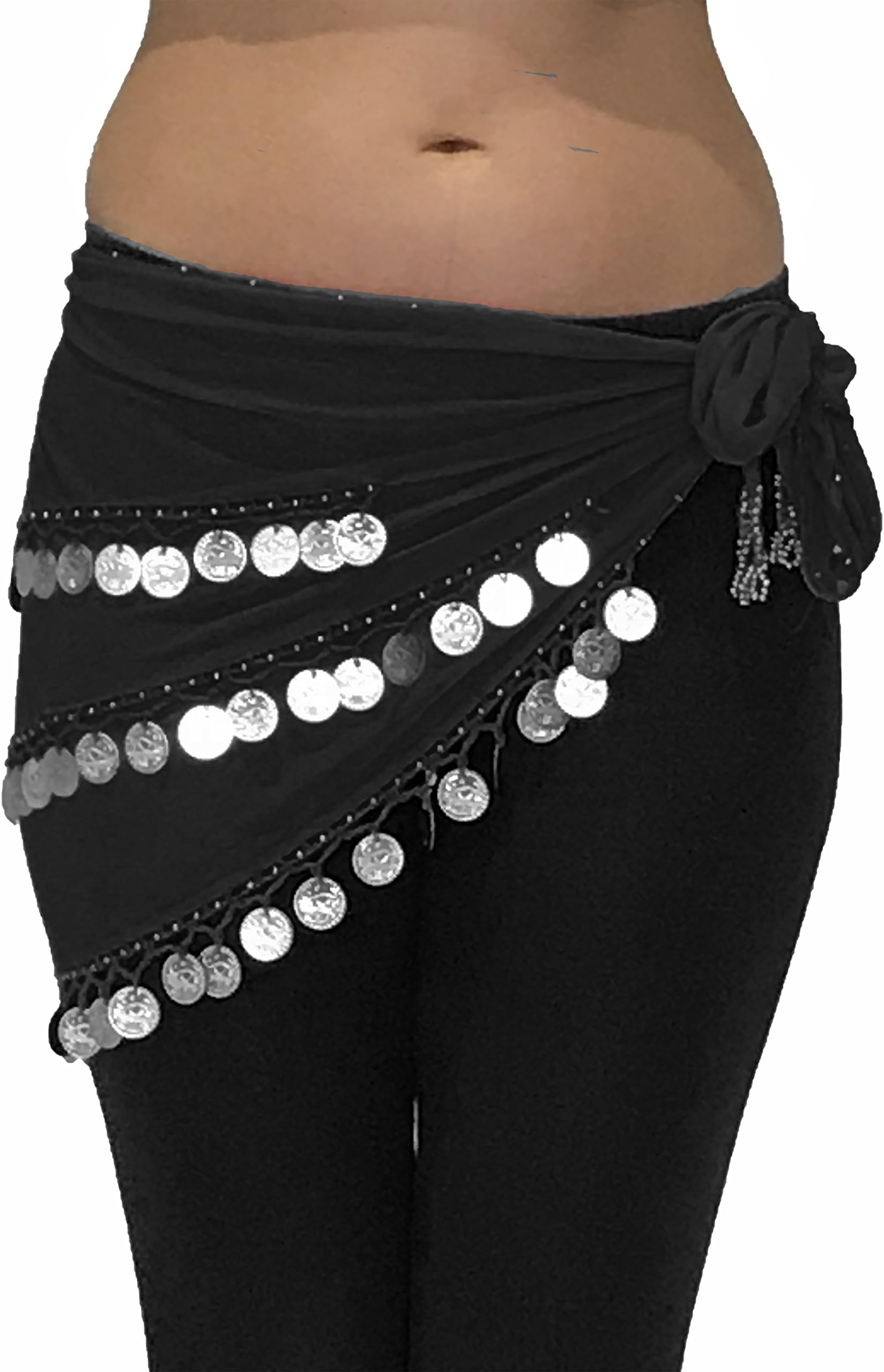 Adult Size 8-18 Beautiful Triangle Jingly Shimmy Belly Dancing Coin Hip Belts Scarves (Black Silver)
