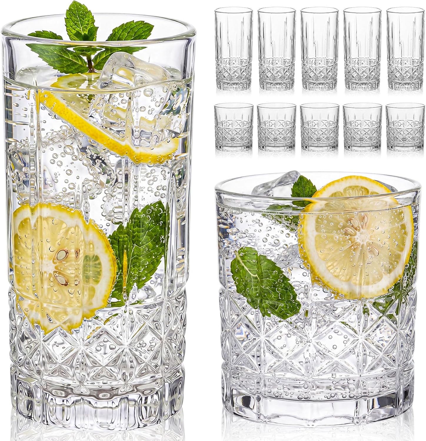 LemonRoad 12 Pcs Drinking Glasses Set Highball Whiskey Glasses, Mesh