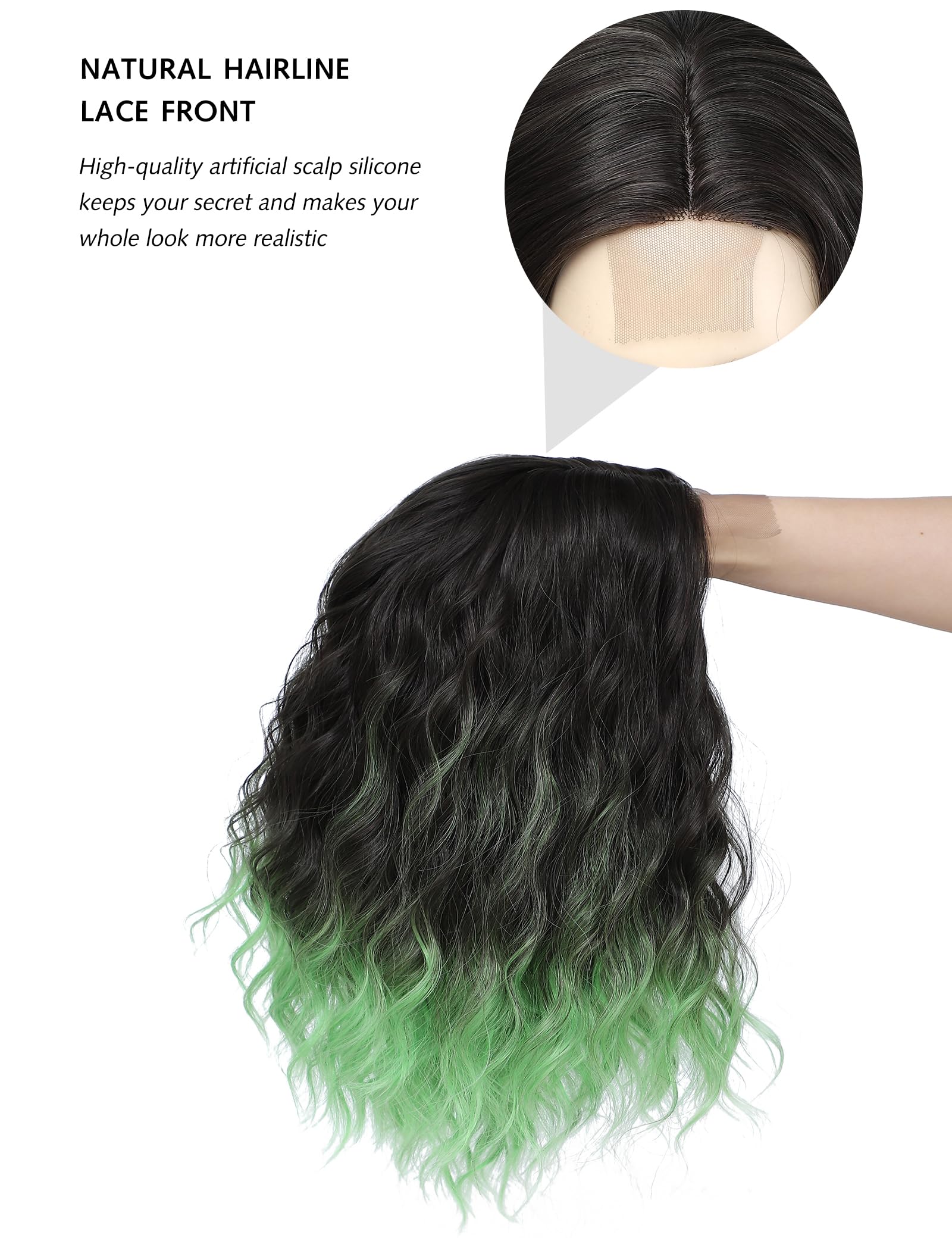 BUYOGET Medium Short Wig Wavy Bob Wig Realistic Natural Lace Front Scalp Adjustable Synthetic Shoulder Length Curly Wigs for Women Ombre Green - Image 4