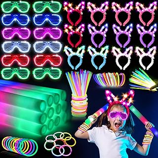 SHQDD 136PCS Glow in the Dark Party Supplies,Glow Sticks Glasses Favors, 12PCS Foam Glow Sticks, 12PCS LED Glasses, 12PCS Bunny Ear Headband and 100PCS Glow Sticks for Neon Party for Kids or Adults