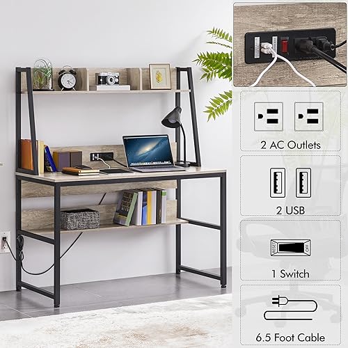 Miniatura 5 de Yaheetech Escritorio de escritura para oficina en casa de 47 pulgadas con tomas de corriente y 2 puertos de carga USB para estudiar mesa de juegos