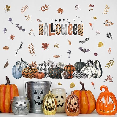 Calcomanías de pared de calabazas de Feliz Halloween, 40.15 x 38.58 pulgadas, calcomanías de pared de Halloween, hojas de murciélago, araña,