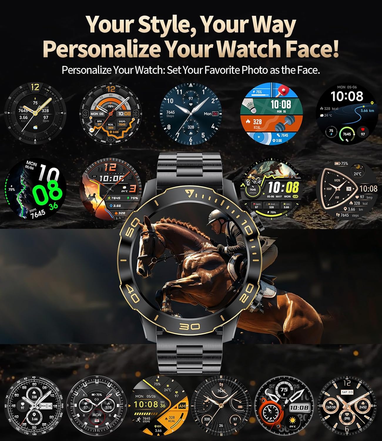 TX7 Luxury Smart Watches for Men, 800mAh Battery, 1.43" AMOLED Screen Fitness Tracker, 100+ Sports Mode/Pedometer/IP68 Waterproof Mens Smart Watch, Military Smartwatch for Android iOS, Black