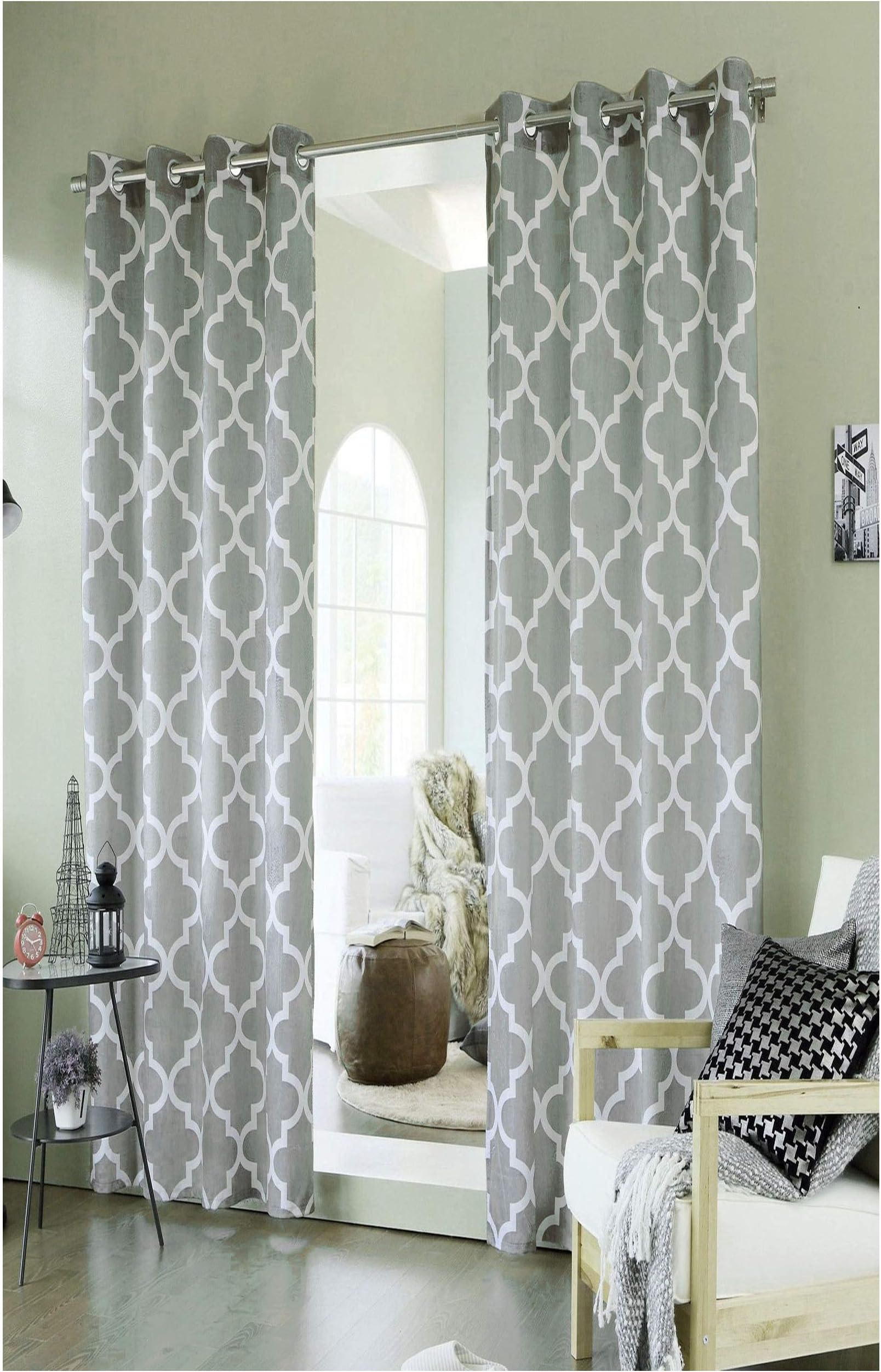 Pair Of Light GREY Morroccan Geometric Eyelet Ring Top BLACKOUT/DIMOUT Curtains 90" drop