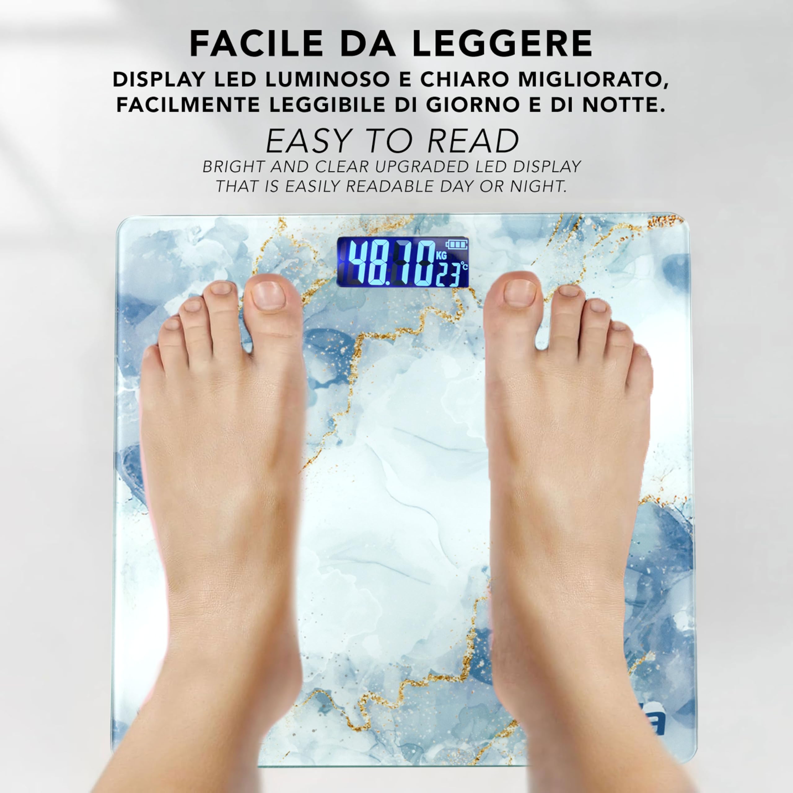 IPEA Bilancia Pesapersone Digitale Ultra Sottile - Tecnologia STEP ON - Massima Precisione Peso - Deisgn Effetto Marmo - Bilancia in Vetro Temperato con Display misurazione fino 0,1 KG - Max 180Kg