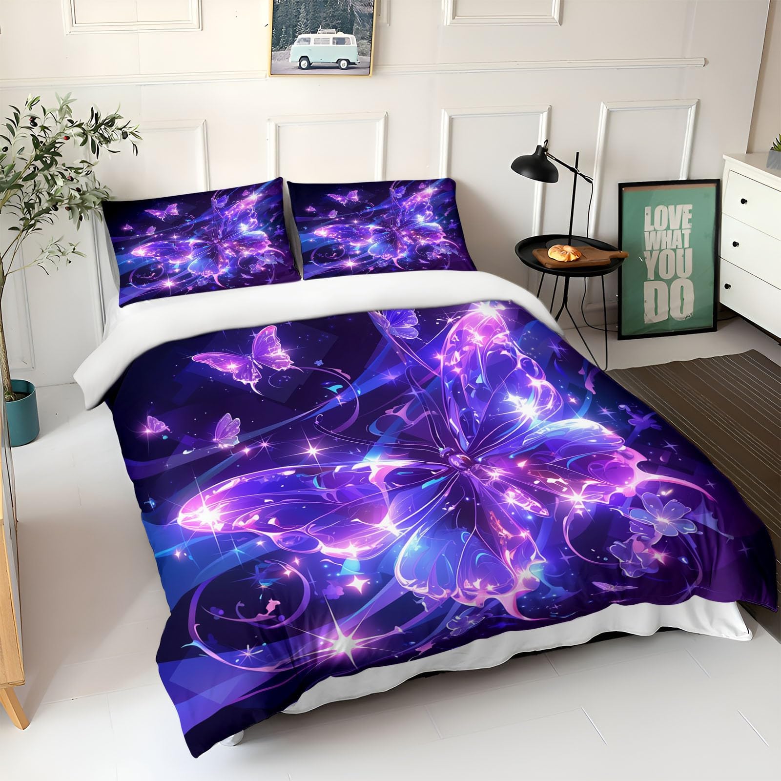 Zestaw pościeli 200 x 200 cm, sztuka marzeń świecący motyl poszewka na kołdrę, fioletowy, rozmiar king size, 3-częściowy mikrofibra, ultramiękka, oddychająca poszewka na kołdrę z poszewką na poduszkę,