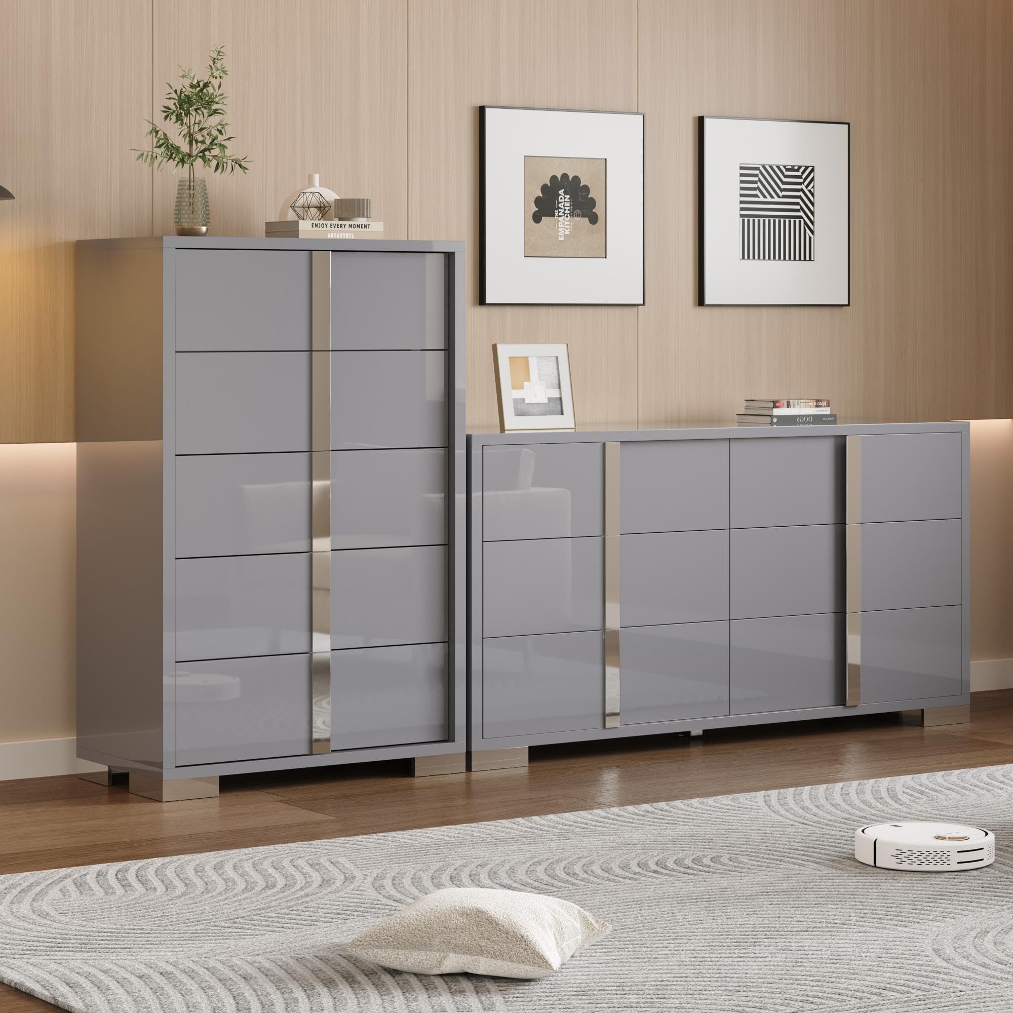 AMERLIFE 2-Piece Bedroom Set, 6 Drawer Dresser & 5 Drawer Chest, Grey