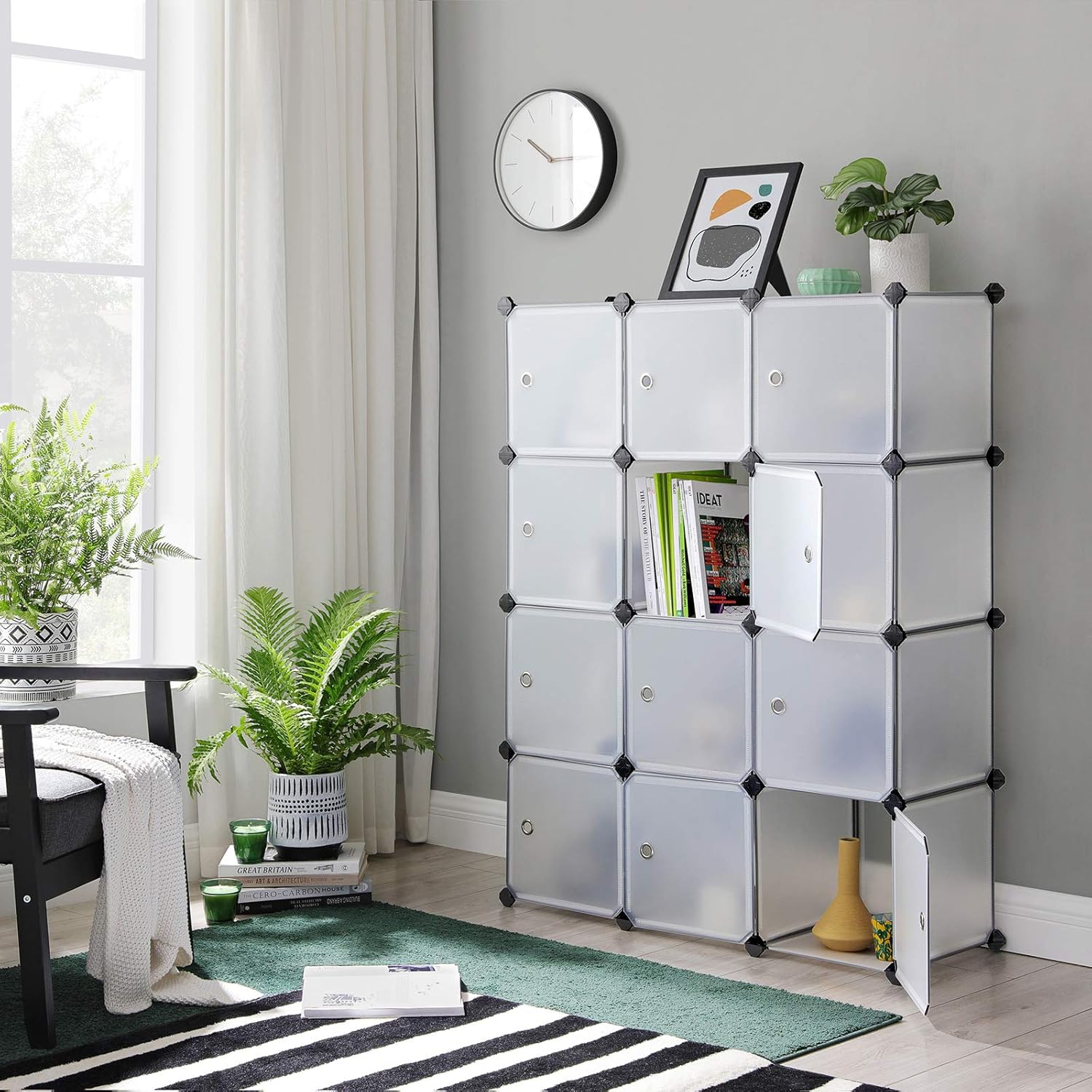 Storage system in a living room setting