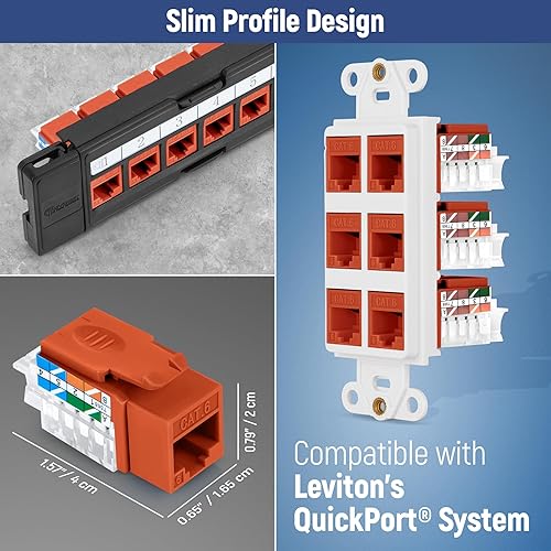 Miniatura 7 de Everest - Paquete de 50 conectores Keystone RJ45 Cat6 en ángulo de 45, color naranja, conectores RJ45 hembra de perfil delgado, conector Keystone