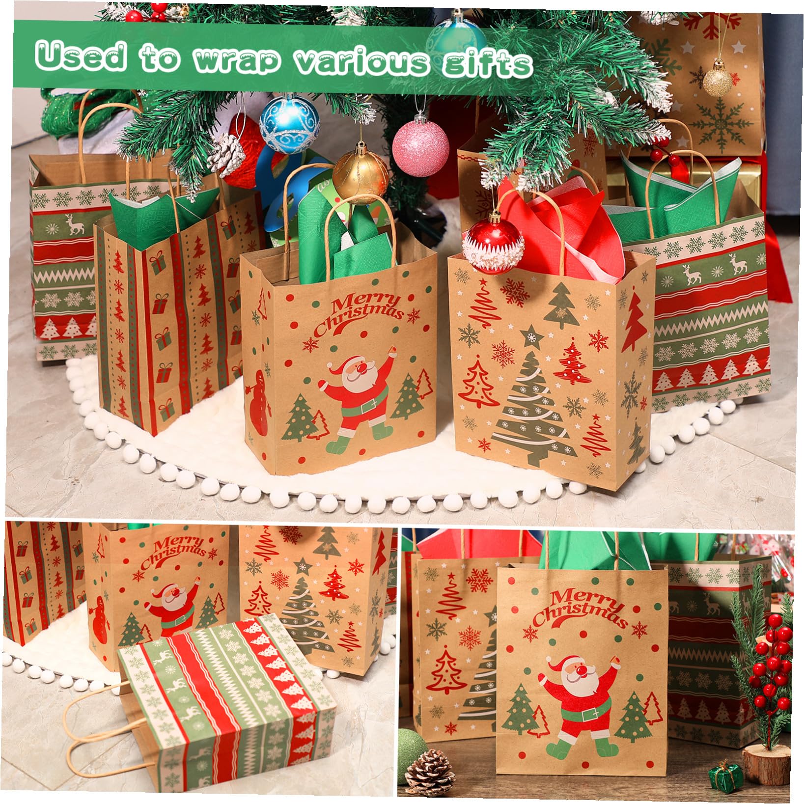 STOBOK 24PCS Weihnachten Kraft Taschen| 6 Verschiedene Designs Urlaub Goodie Bags Groß mit Seidenpapier Wiederverwendbare Weihnachten Treat Süßigkeiten Taschen mit