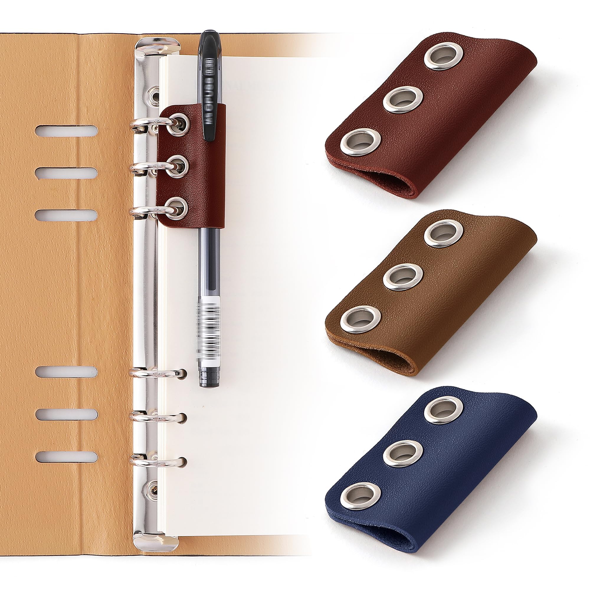 Litvana Leather Pen Loop Holder for 6 Ring Binder, 3Pcs Pencil Holder for A5 Binder Notebooks, 3Pcs (Color Set C)