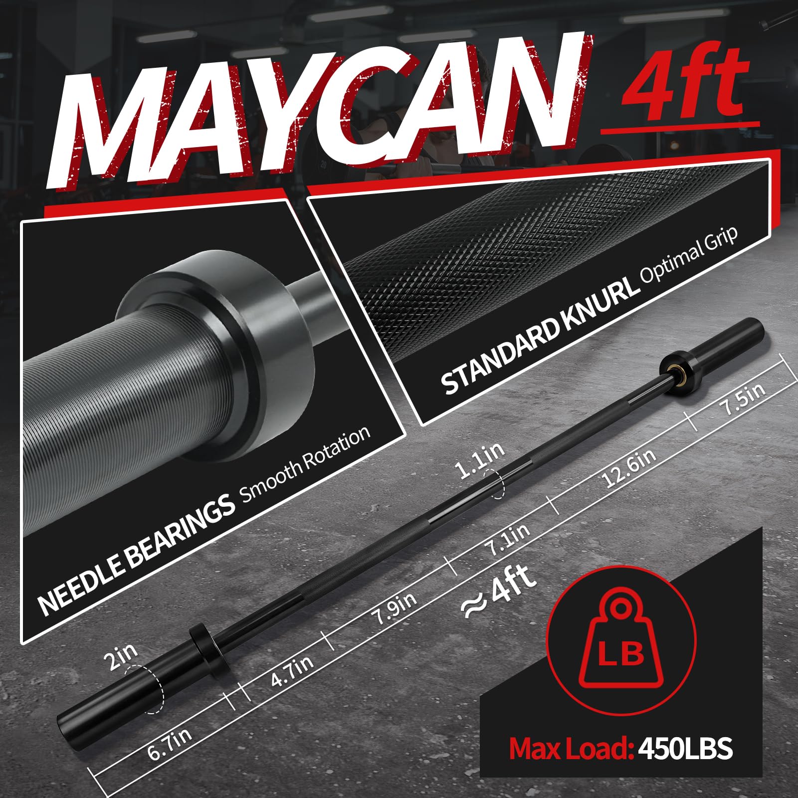 MAYCAN Bilanciere olimpico dritto, 1,2 m, con cuscinetto a bilanciere dotato di due collari a molla, adatto per sollevamento pesi, spinte dell'anca, squat e affondi