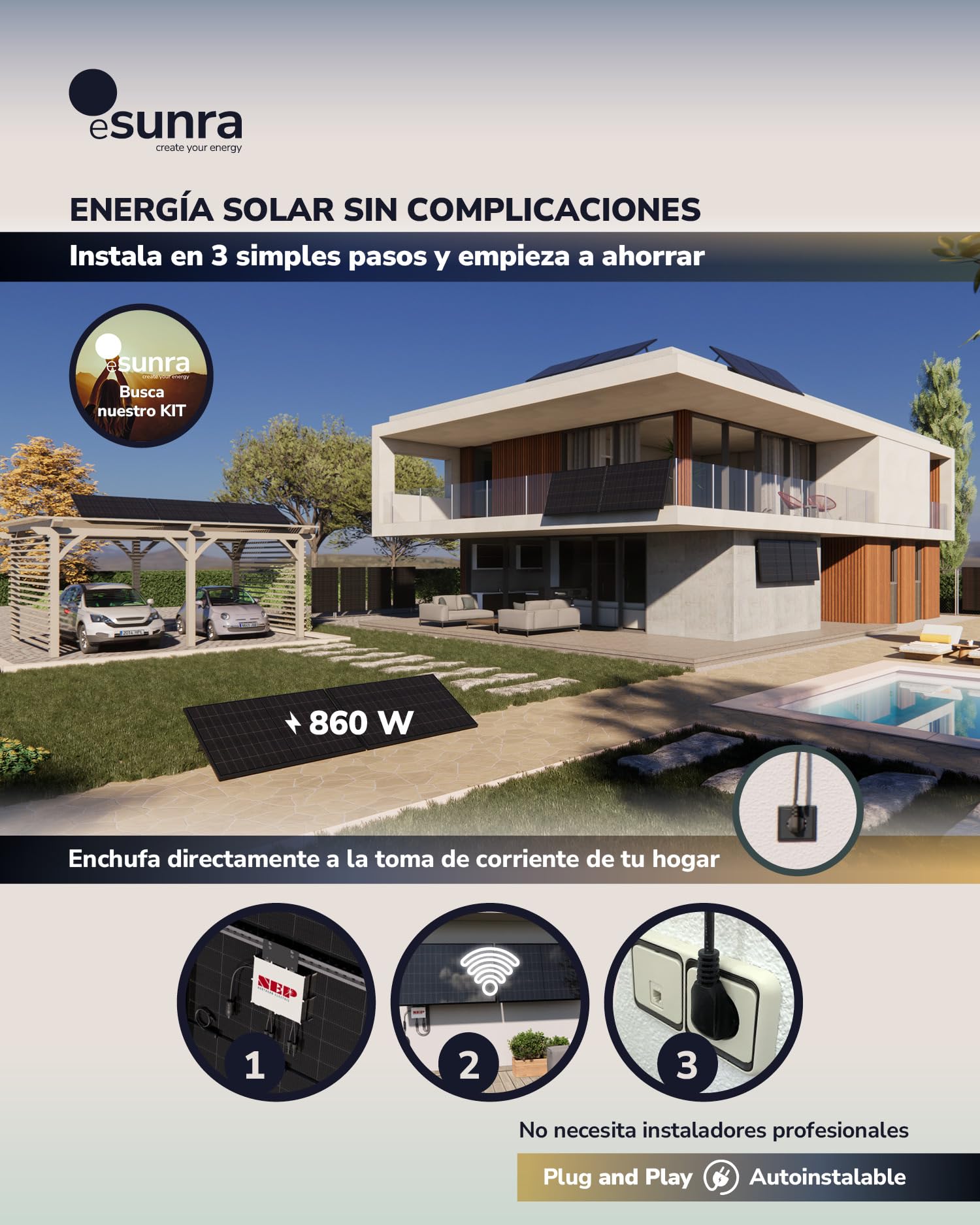 2 paneles solares bifaciales de 430W - Tecnología TOPCon - Rendimiento del 22% - Cables de 1,2m - ALLBLACK 2SX Model