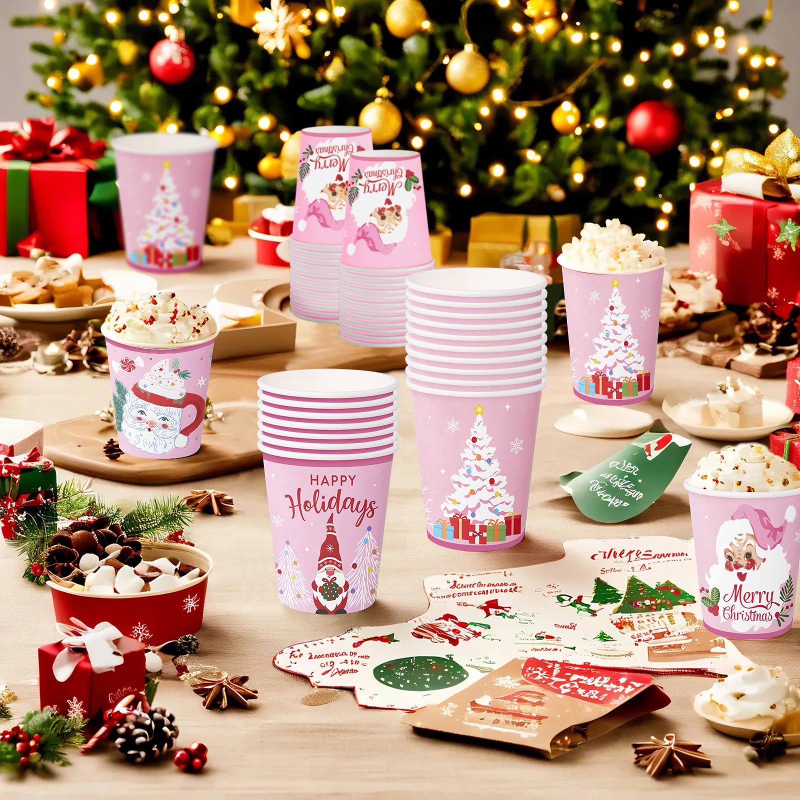 WRAPAHOLIC 100 vasos de papel de Navidad – 9 onzas, vasos desechables de Papá Noel, gnomo y árbol de Navidad, suministros de fiesta de vacaciones para jugo, café, bebidas frías y calientes