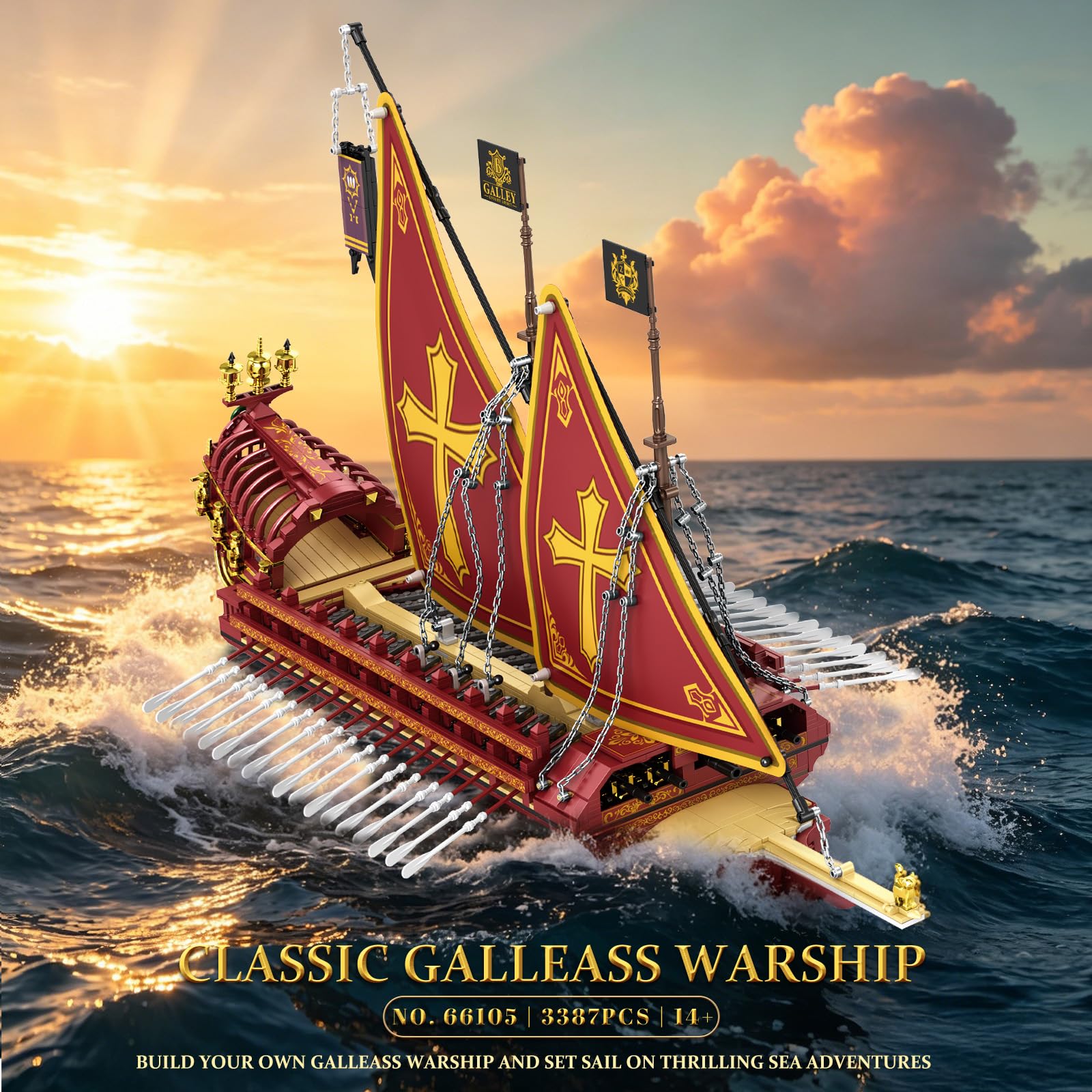 Reobrix Galley - Set di mattoncini da costruzione, modello di nave da guerra | Galeeren - Modellino di barca a vela per adulti, 3387 pezzi, 85 x 37 x 55 cm, set di mattoncini da costruzione
