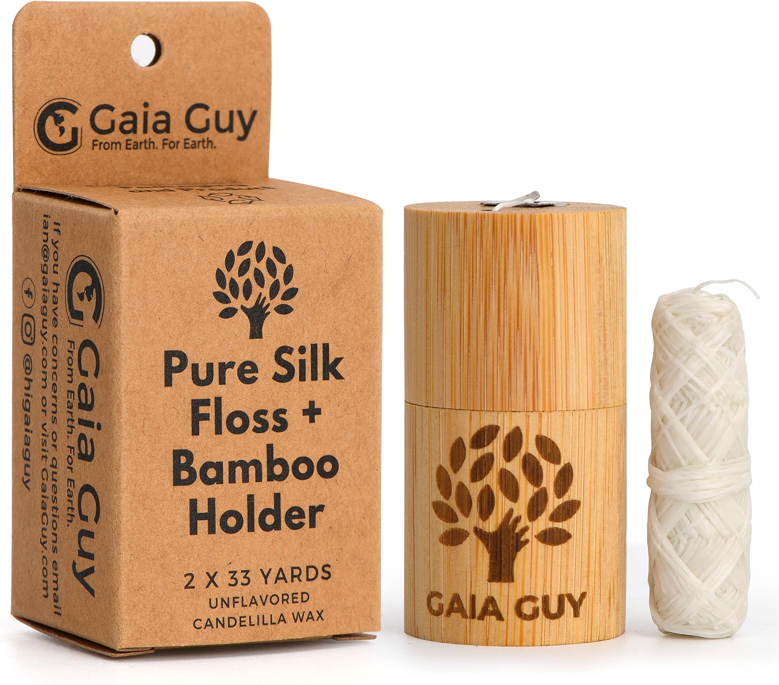 Natural Unflavored Silk Dental Floss with Floss Refill & Reusable Bamboo Holder | 2 x 33yds Compostable Pure Silk Waxed with Candelilla Wax | Plastic-Free Packaging