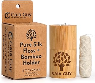 Gaia Guy 天然無味シルクデンタルフロス フロス詰め替え&再利用可能な竹ホルダー付き | 33ヤード堆肥化可能なピュアシルク2個 カンデリラワックス入り | プラスチックフリーパッケージ