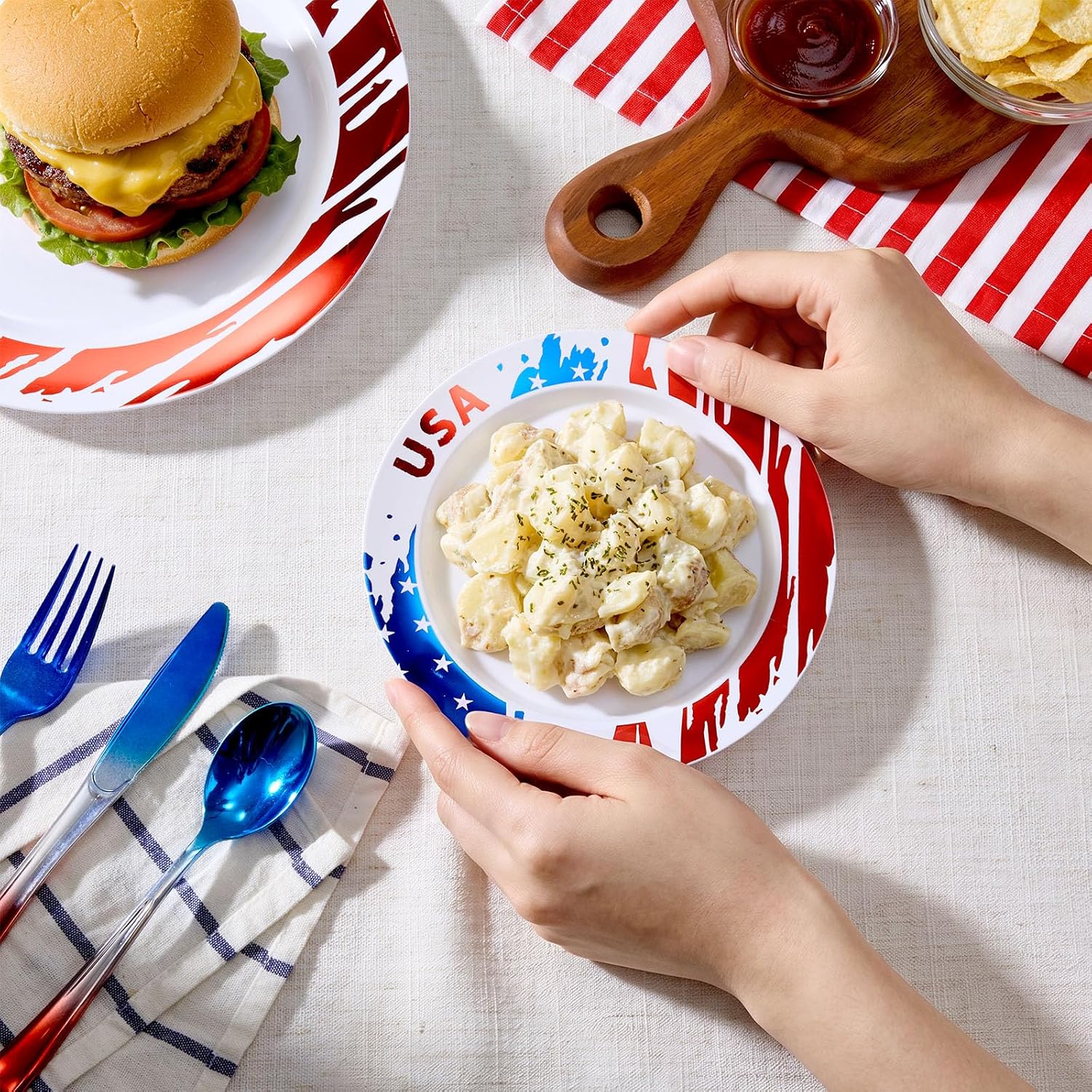 Goodluck 4th of July Plastic Plates, 100Pcs Patriotic Red White and Blue Party Supplies with USA Flag Design, Includes 50 10" Dinner & 50 7.5" Dessert Plates for Independence Day Memorial Day thumbnail