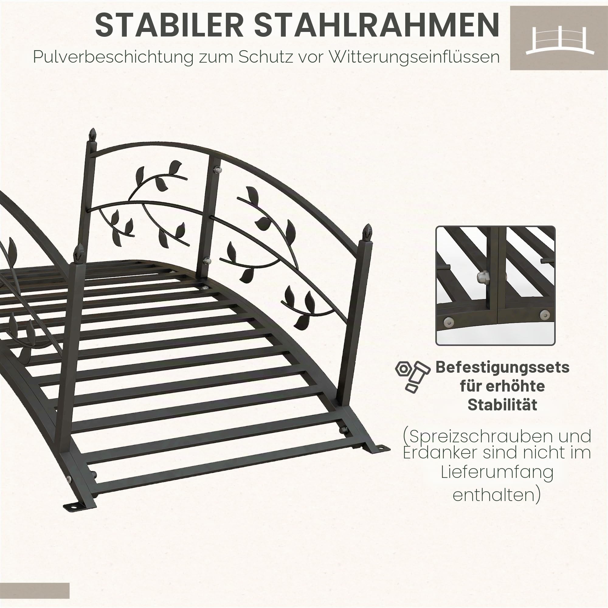 Outsunny Gartenbrücke – Beckenbrücke – Gartendekoration Maße: 119 x 67 x 47 cm (L x B x H) mit Geländer, Motiv Rebe, Stahl, Schwarz