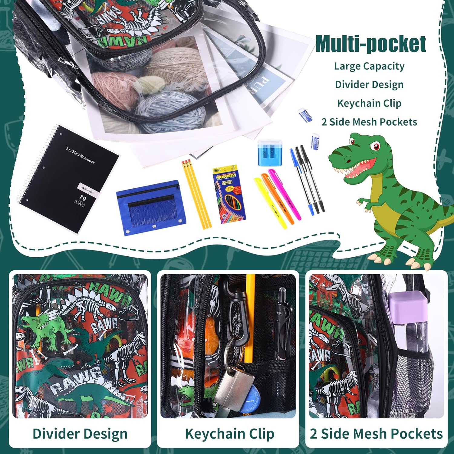 3PCS Clear Backpack Transparent Bookbag for Boy, Dinosaur Heavy Duty Primary School Backpack with Lunch Bag Elementary Students See Through Clear Bag - Image 4