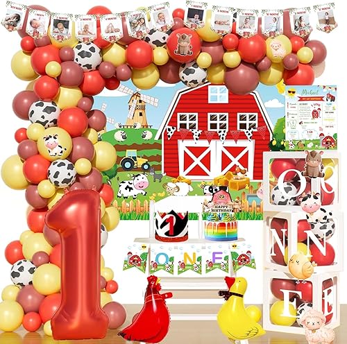 122 piezas de decoración de la primera fiesta de granja, Fiesec Barnyard Farm Animal One Birthday Party Decoraciones telón de fondo, guirnalda de