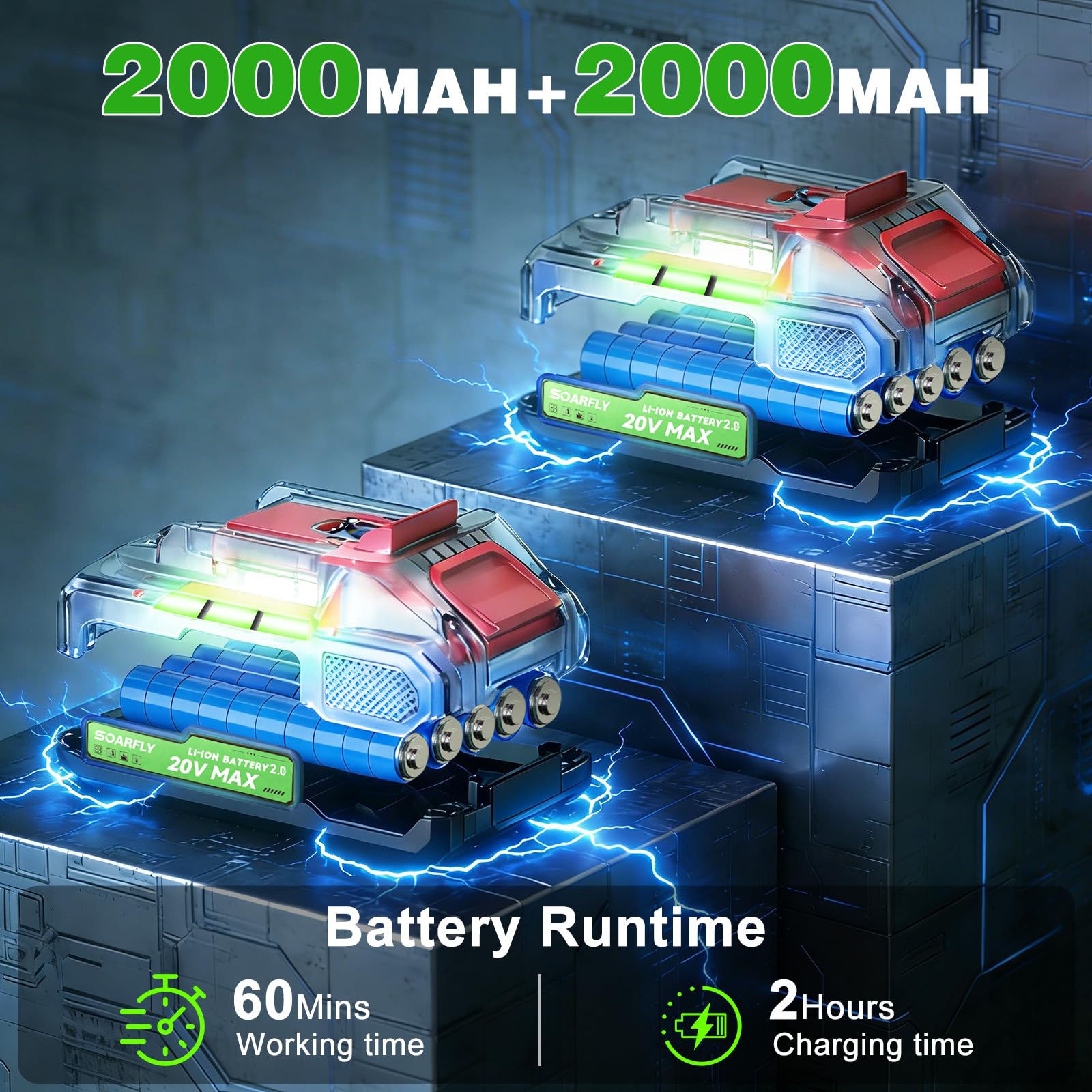 SOARFLY - Cortasetos inalámbrico de 22 pulgadas, cortasetos inalámbrico de 20 V con 2 baterías de 2.0 Ah, mango giratorio de 180°, potente cortasetos de 3000 rpm, recortadora de arbustos para jardín