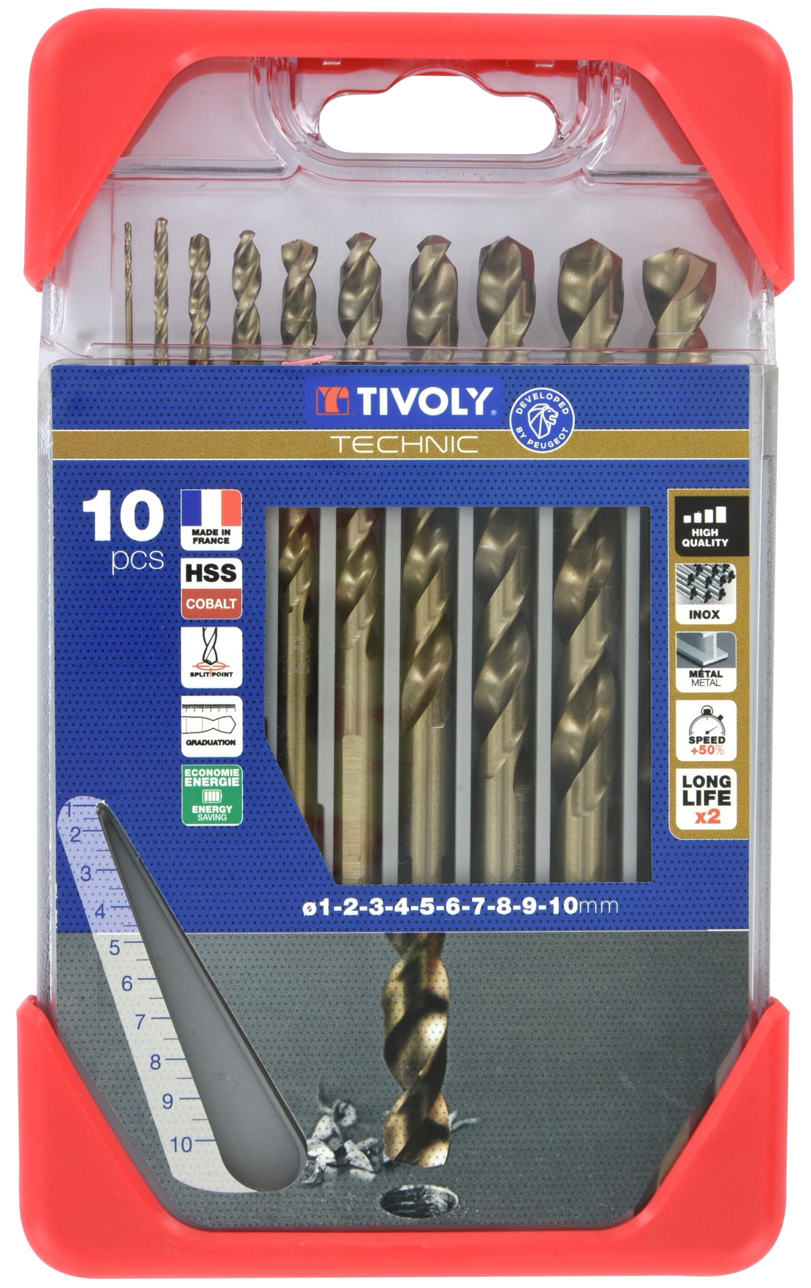 TIVOLY - Coffret Forets Métaux Haute Performance - Spécial Perçage Inox et Aciers Résistants - 10 Forets HSS Cobalt Ø 1 à 10 mm