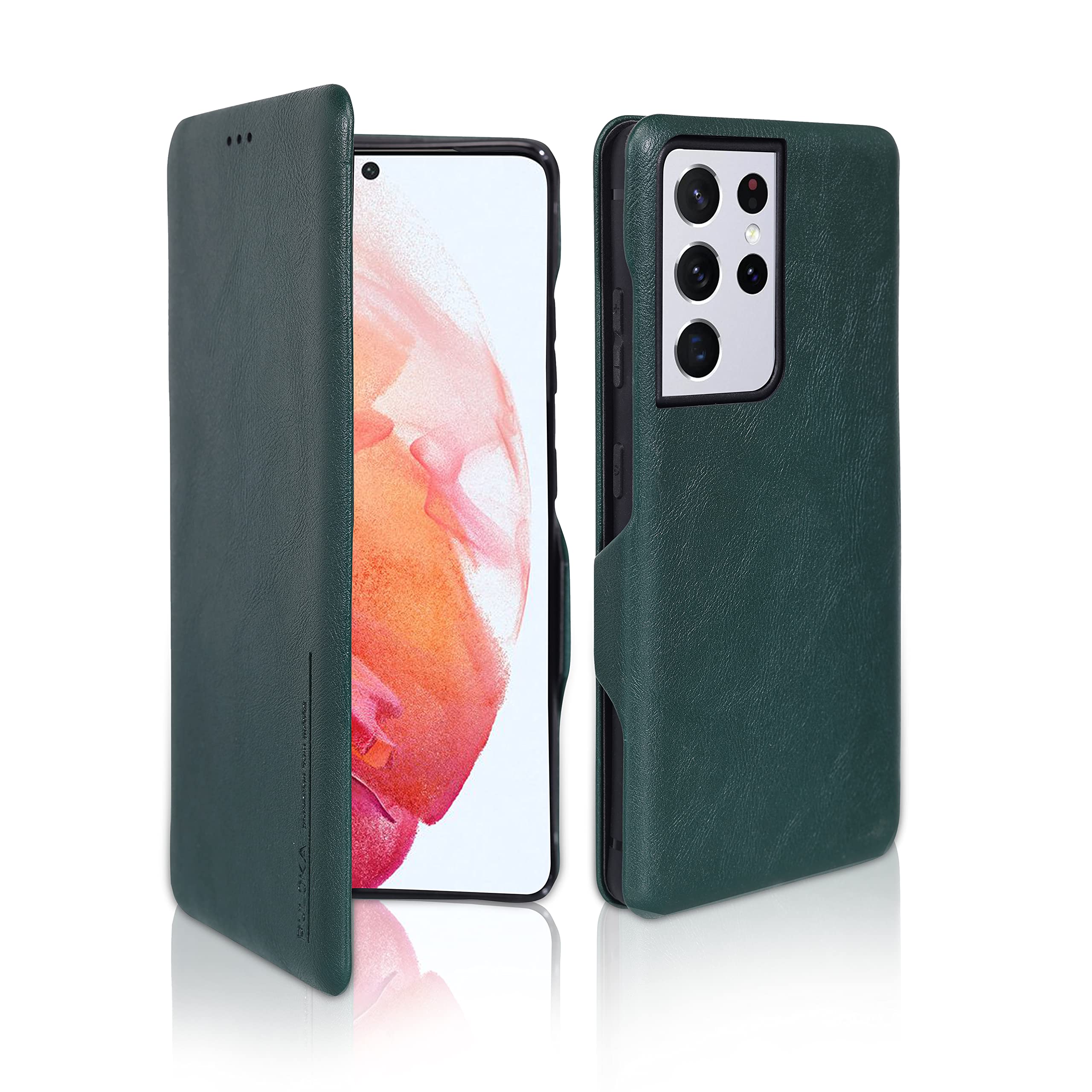 PULOKA Sleek Flip Case - Compatible for Galaxy S21 Ultra - Premium Vegan Leather Phone Cover with Card Slot - Slim, Durable, Privacy Protection - Elegant Wallet Cases - Green
